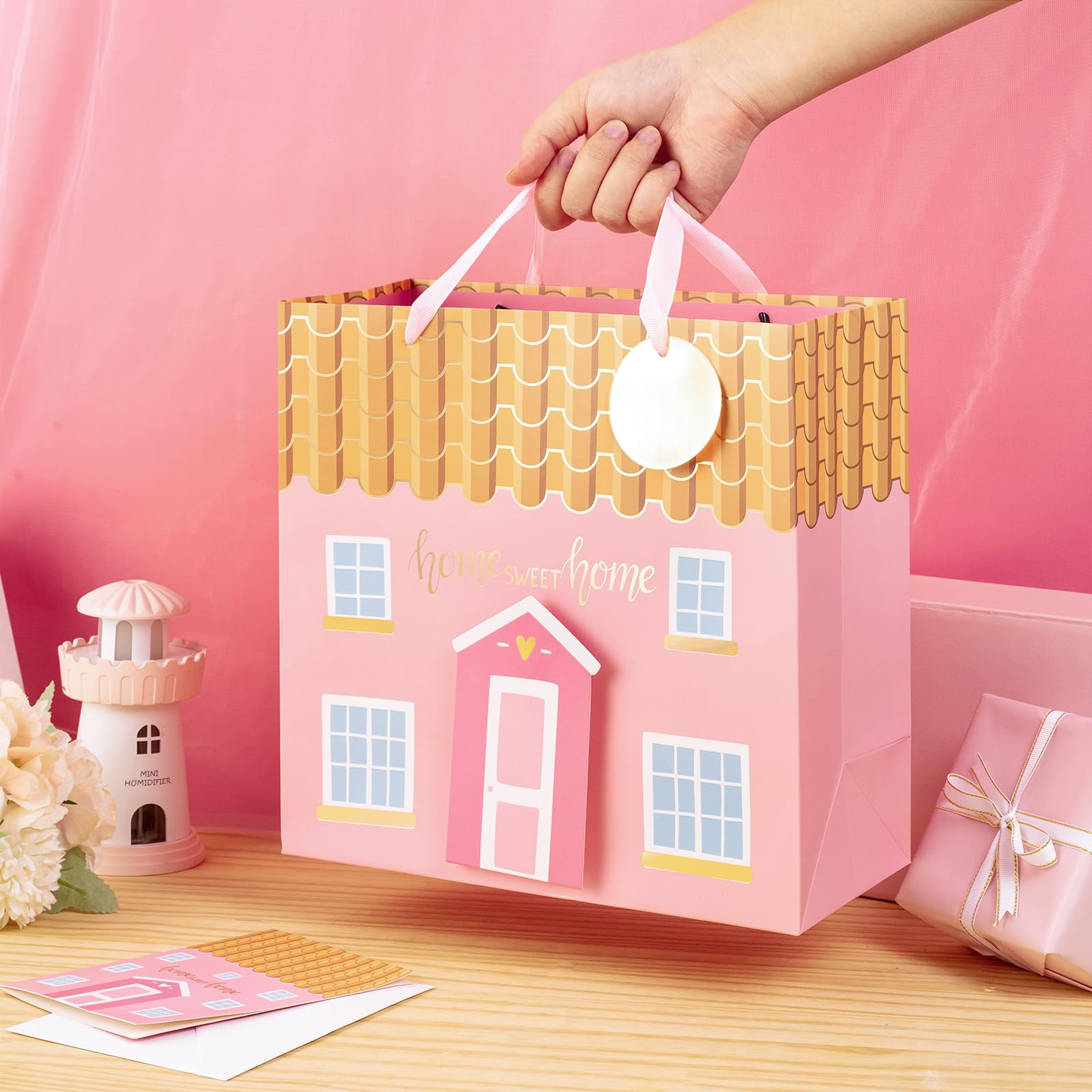 LeZakaa 10.4 Inch Pink House-Shaped Gift Bag Set with Tissue Paper, Gift Tag & Card - 3D House Sticker for Housewarming, New Home Gifts | Perfect for Welcome Parties, Bridal Showers & Holiday Present Exchanges