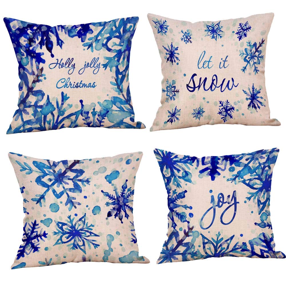Blue Christmas Snowflake 'Let It Snow' Cotton Linen Decorative Throw Pillow Cover 18x18 Inches - Set of 4 for Holiday Home Decor, Sofa & Bedroom Accent