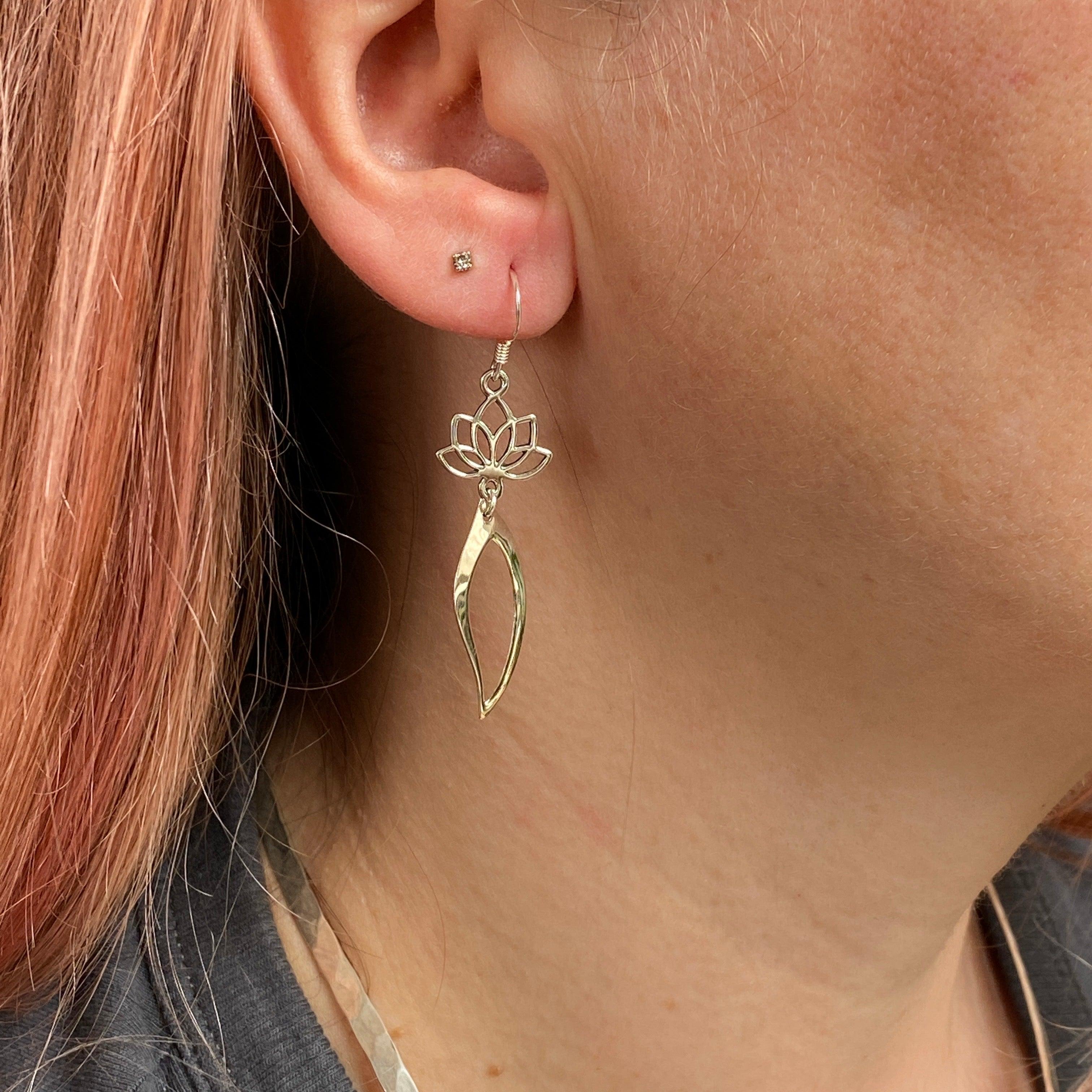 Sterling Silver Lotus Flower with Leaf Earrings for Women - Elegant Handmade Jewelry Gift for Birthday, Anniversary & Special Occasions
