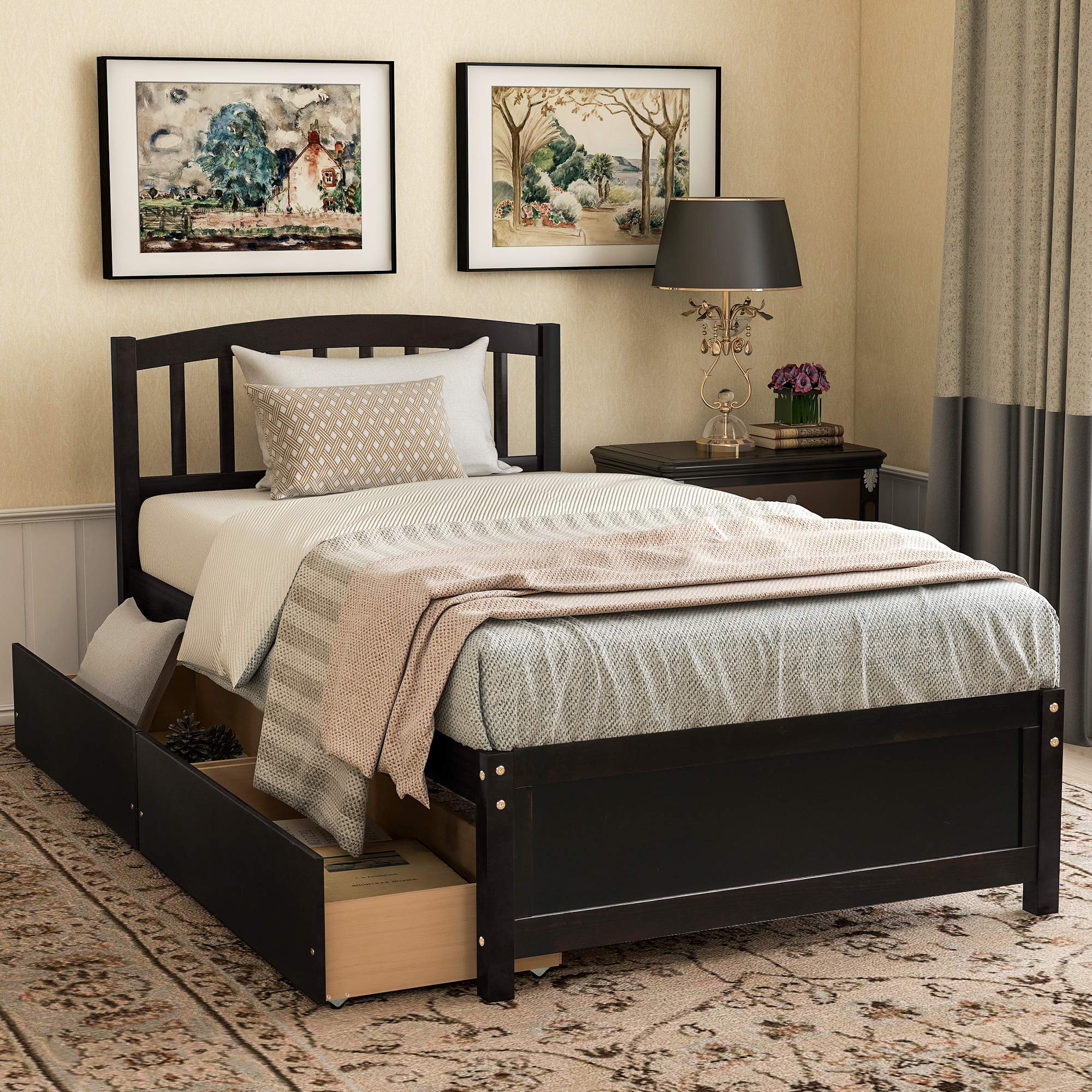 Merax Twin Size Solid Wood Platform Bed Frame with 2 Storage Drawers & Headboard - Espresso Finish | Perfect for Small Bedrooms, Guest Rooms & Kids' Rooms