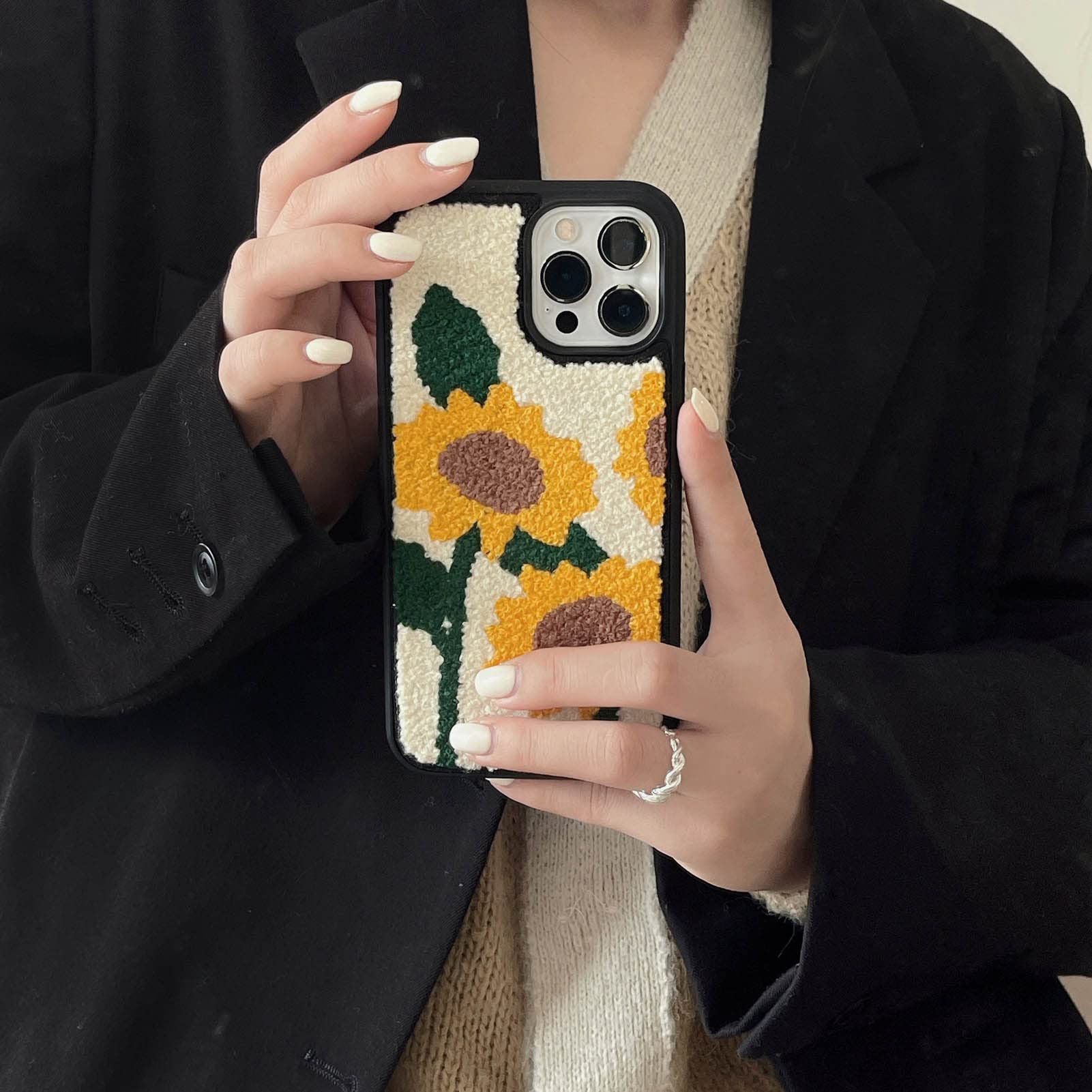 **Sunflower Embroidery iPhone 13 Pro Max Case - Cute Yellow Floral Soft TPU Bumper Cover, Shockproof Protective Phone Case for 6.7 Inch (Chic Design) - Perfect for Daily Use, Travel & Gift Giving**