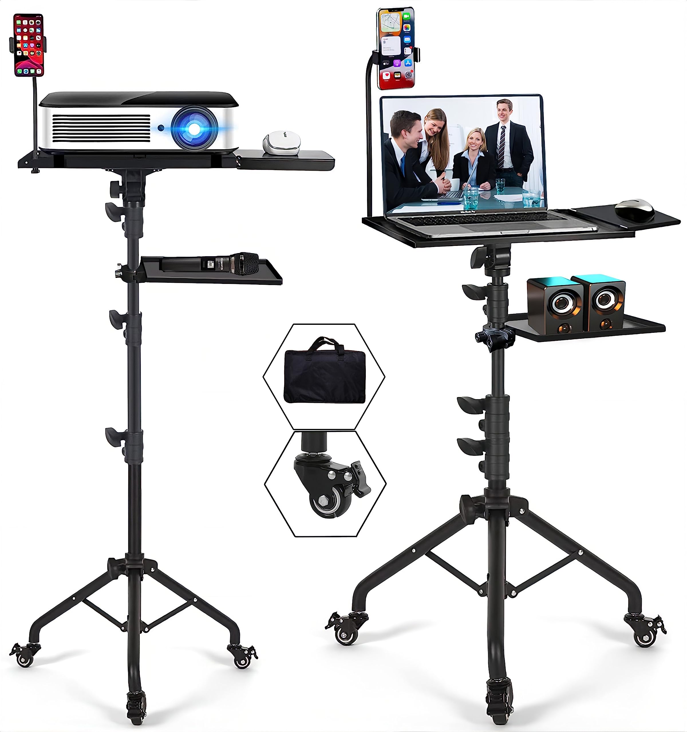 Adjustable Height Projector Tripod Stand with Wheels - Portable Laptop Floor Stand for Office & Home, 2 Shelves, Mouse Tray & Phone Holder - Perfect for Presentations, Music Stands, Treadmill Workstations & Multimedia Use