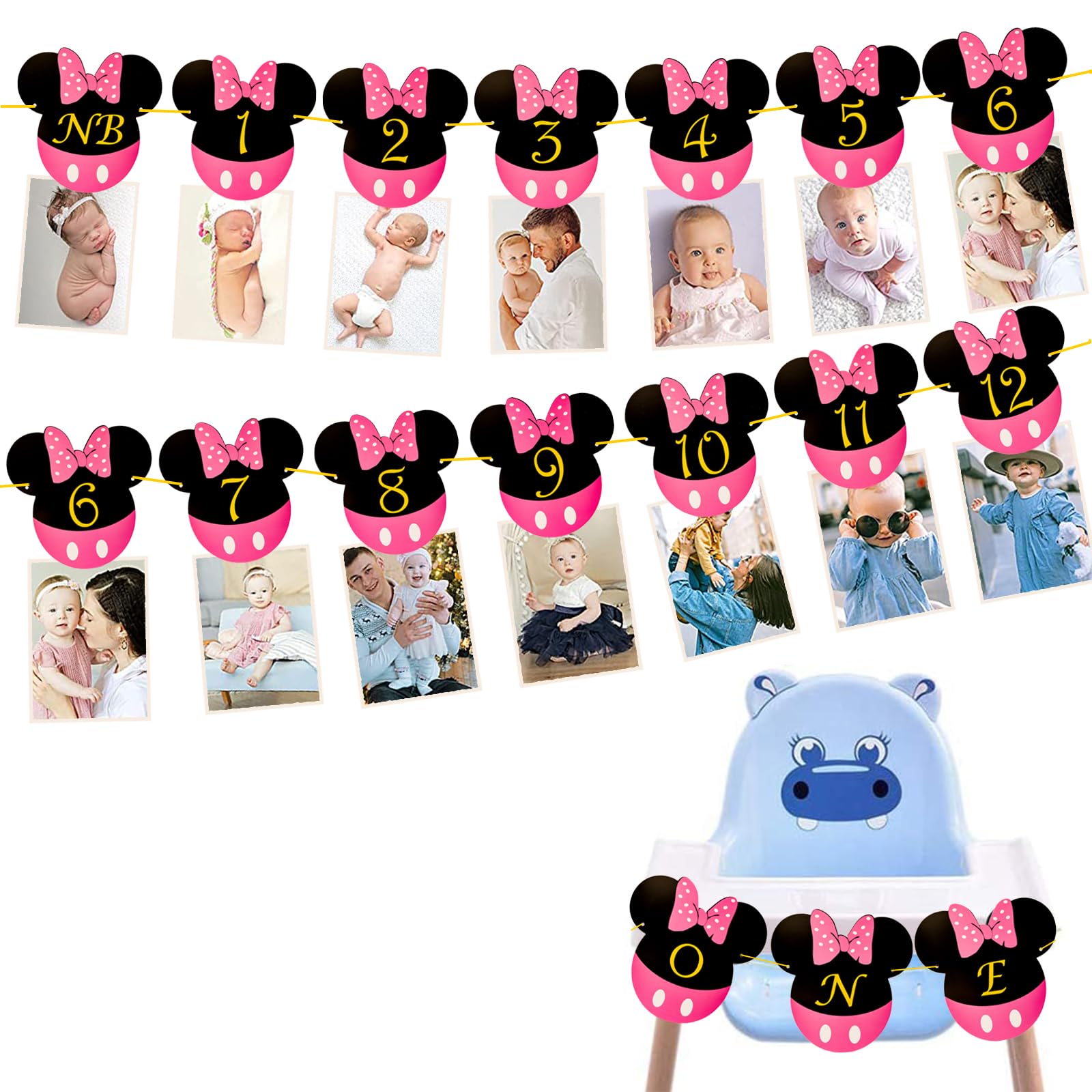 Pink Mouse First Birthday Photo Banner - 1st Birthday Party Decor with High Chair Banner & Monthly Milestone Garland | Perfect for Baby Photo Shoots, NB to 12 Months Milestones, and Themed Birthday Celebrations