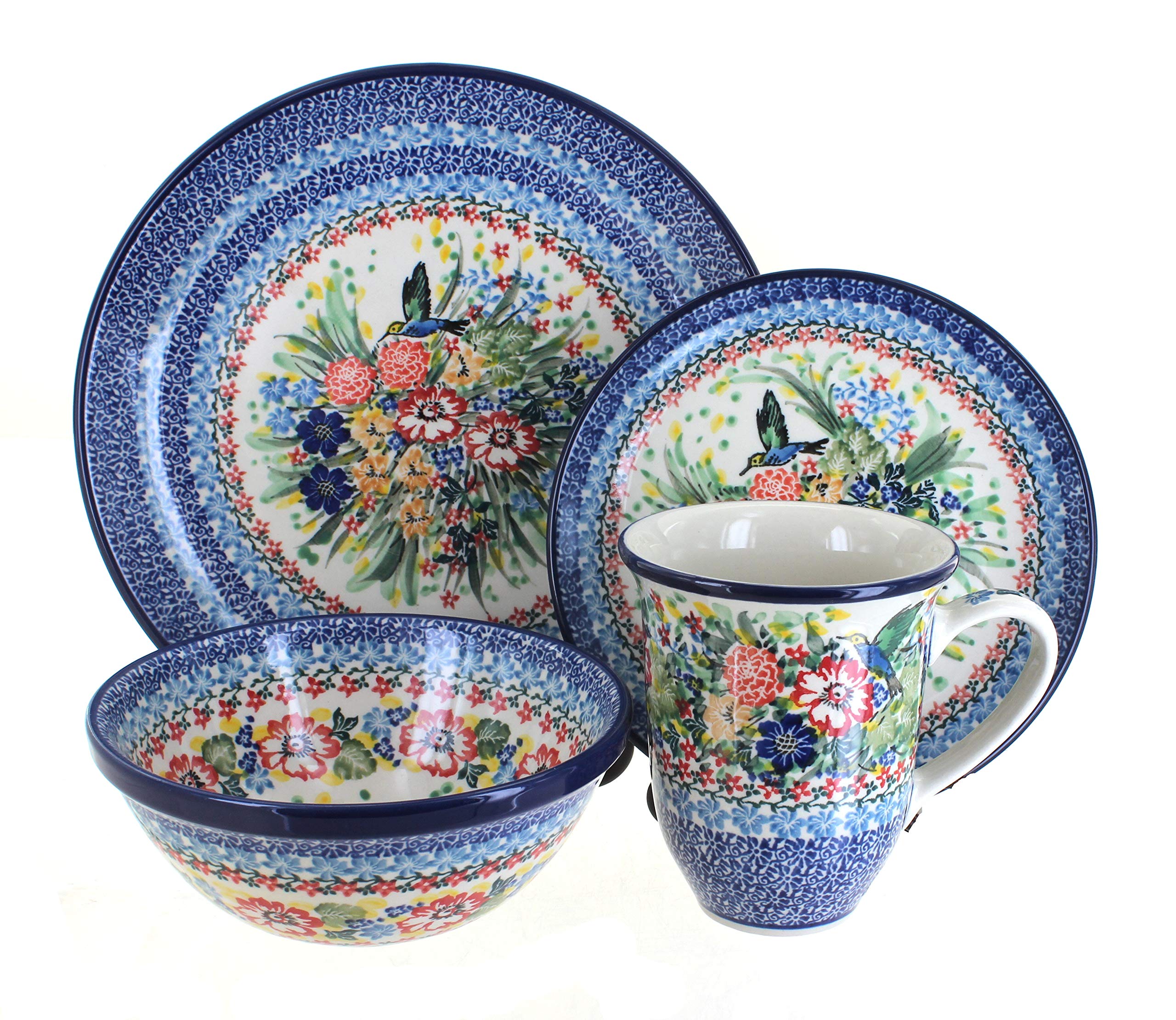 Blue Rose Polish Pottery Hummingbird 16-Piece Dinner Set with Large Coffee Mug - Elegant Dinnerware for Home Entertaining & Special Occasions