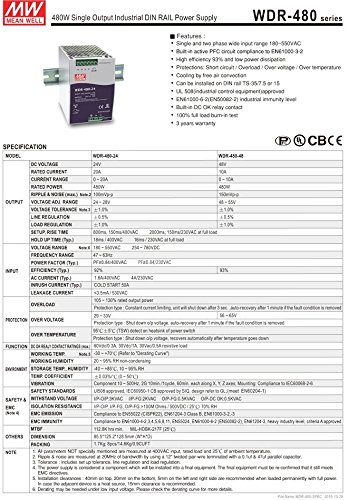Meanwell WDR-480-24 480W 24V 20A Industrial DIN Rail Power Supply 380V AC Input - Reliable for Factory Automation, Control Panels & LED Lighting (1-Pack with DHL Shipping + Free Gift)