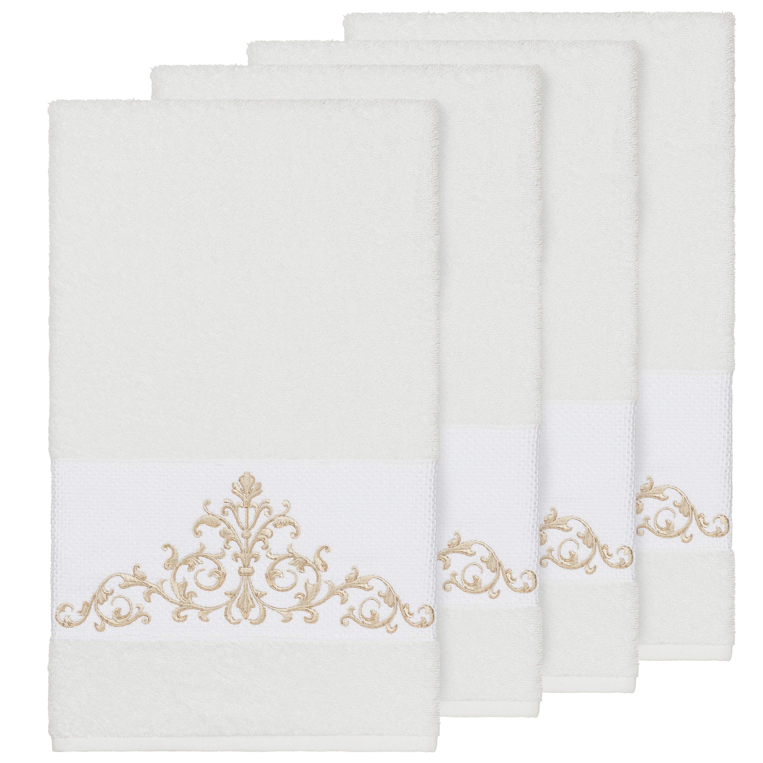 Premium White Turkish Cotton Embroidered Bath Towels Set of 4 - Soft & Absorbent Luxury Bath Towels with Elegant Scrollwork Design for Spa, Bathroom & Guest Use