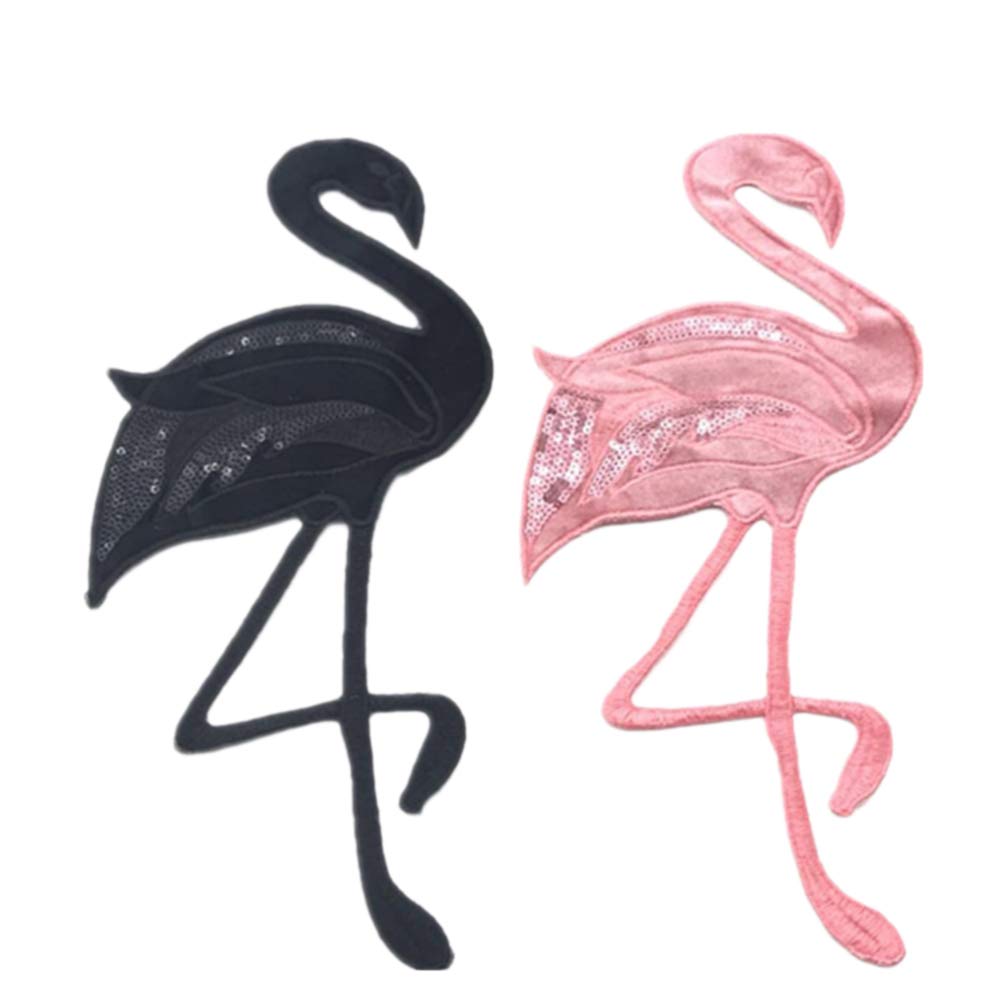Healifty Embroidered Flamingo Iron-On Patches with Sequins - 2pcs (Pink & Black) for Jackets, Jeans, Backpacks & Shirts - DIY Clothing Decor & Fashion Accessories - Perfect for Customizing Denim, Bags & School Uniforms