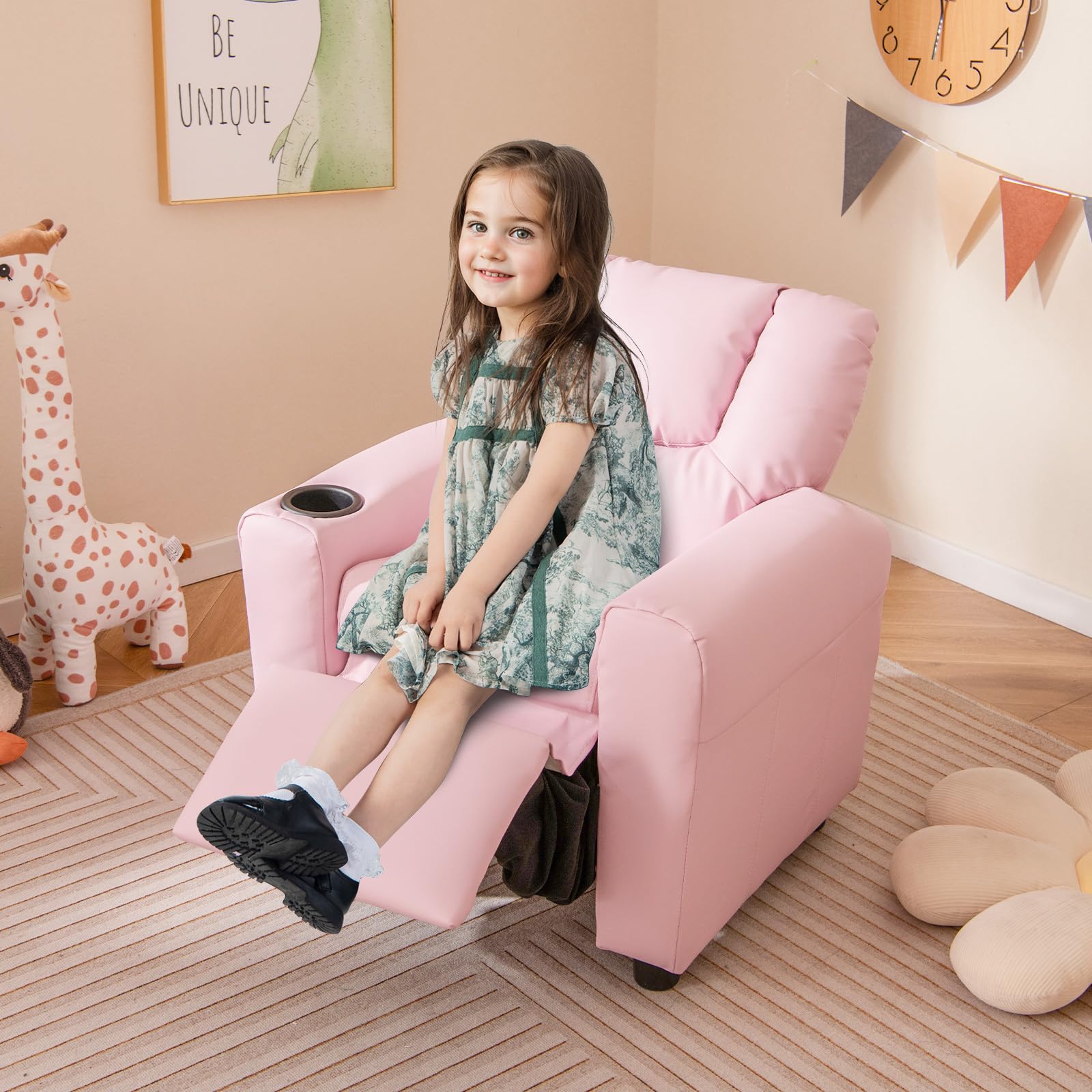 Costzon Kids Recliner Chair with Cup Holder - Pink PU Leather Toddler Armchair with Headrest & Footrest for Boys and Girls - Perfect for Bedroom, Playroom, Nursery, and Movie Nights