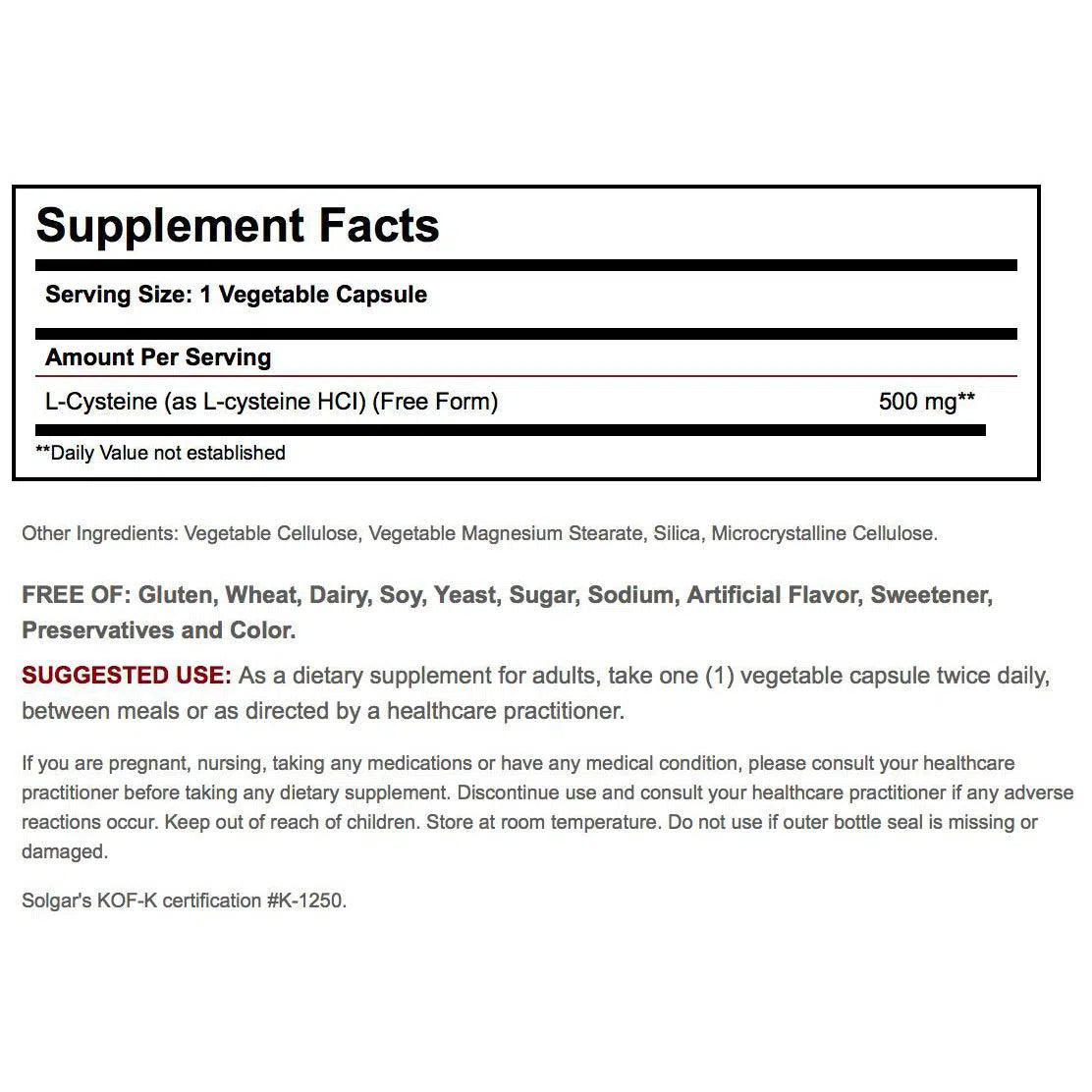 Solgar L-Cysteine 500mg Supplement - Supports Hair, Skin & Nails Health - Antioxidant Amino Acid for Detox & Wellness - Perfect for Daily Nutrition & Beauty Routine