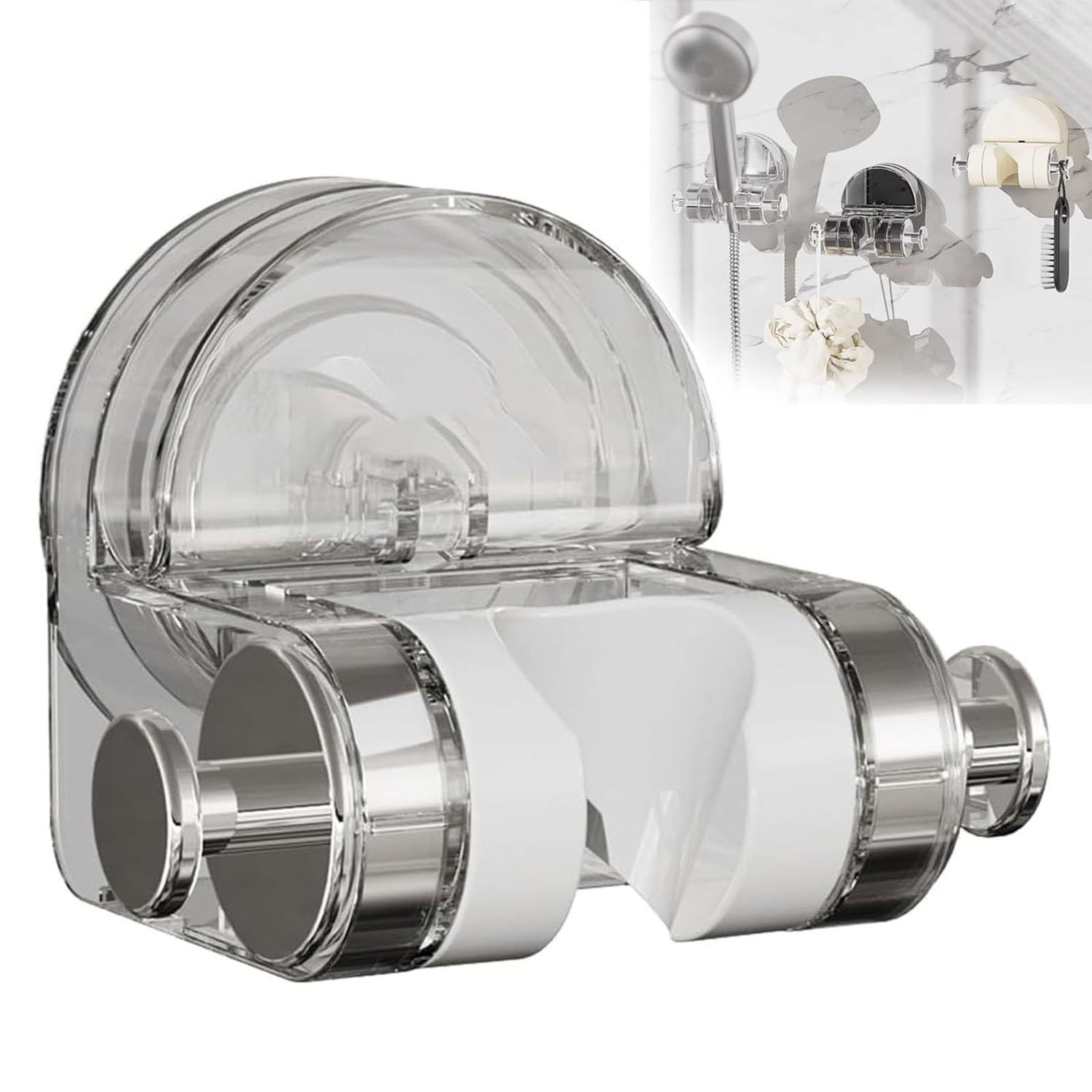 Belaudo Shower Holder with Strong Suction Cup - Wall Mount Shower Head Holder for Bathroom - White A - Perfect for Hands-Free Showering & Bathroom Organization