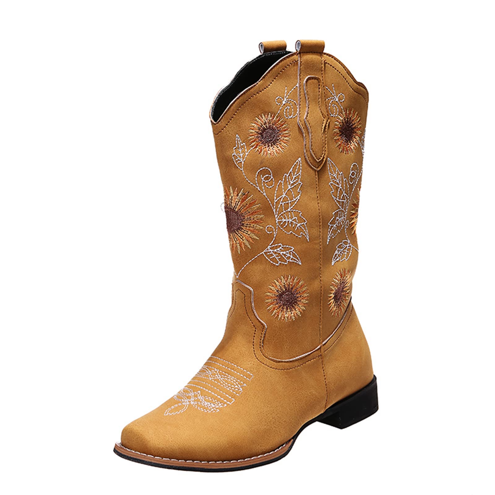 Women's Western Cowgirl Boots - Embroidered Sunflower Design, Mid Calf Chunky Heel Boots for Country Style & Fashion | Perfect for Rodeo, Music Festivals & Everyday Wear