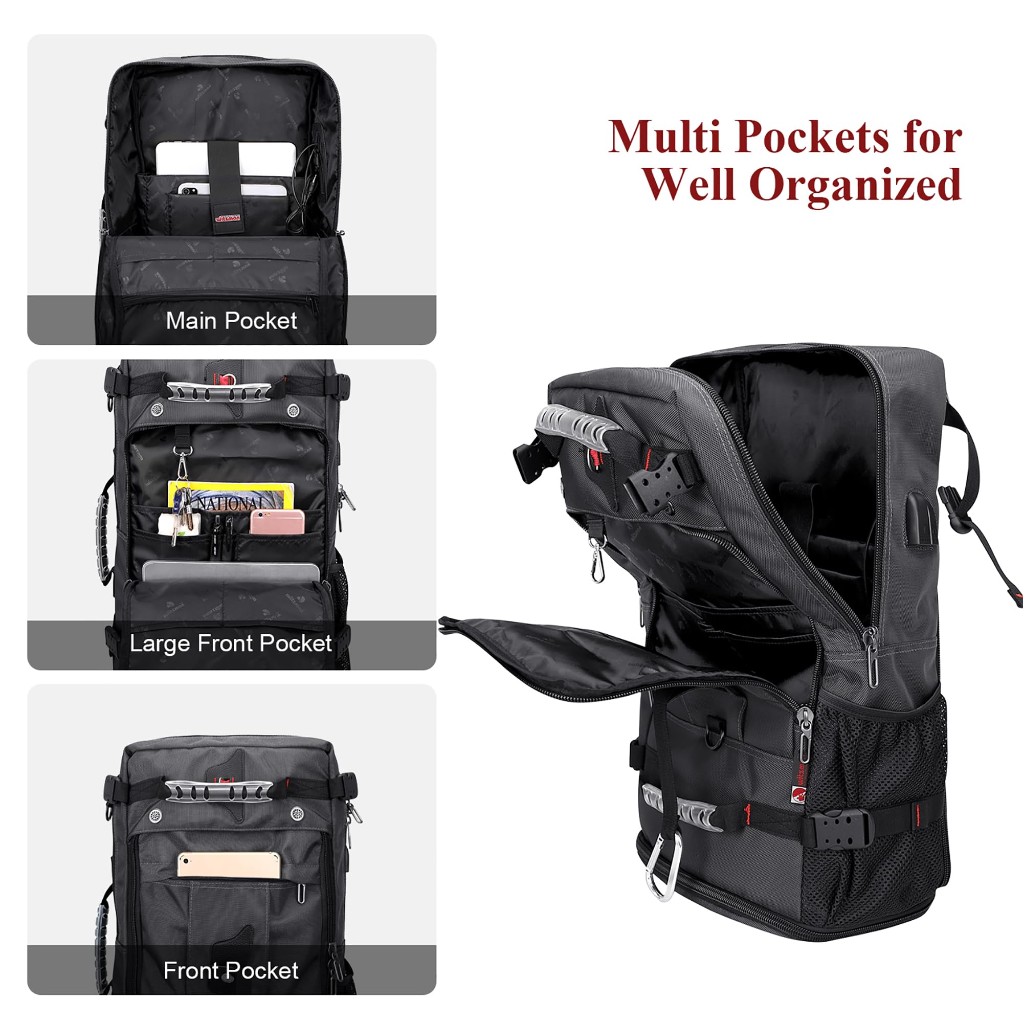 WITZMAN Convertible Travel Backpack for Men - Duffle Luggage Carry On Bag Fits 17 Inch Laptop - Airplane Approved - B681 Silvery Grey - Perfect for Business Trips & Weekend Getaways