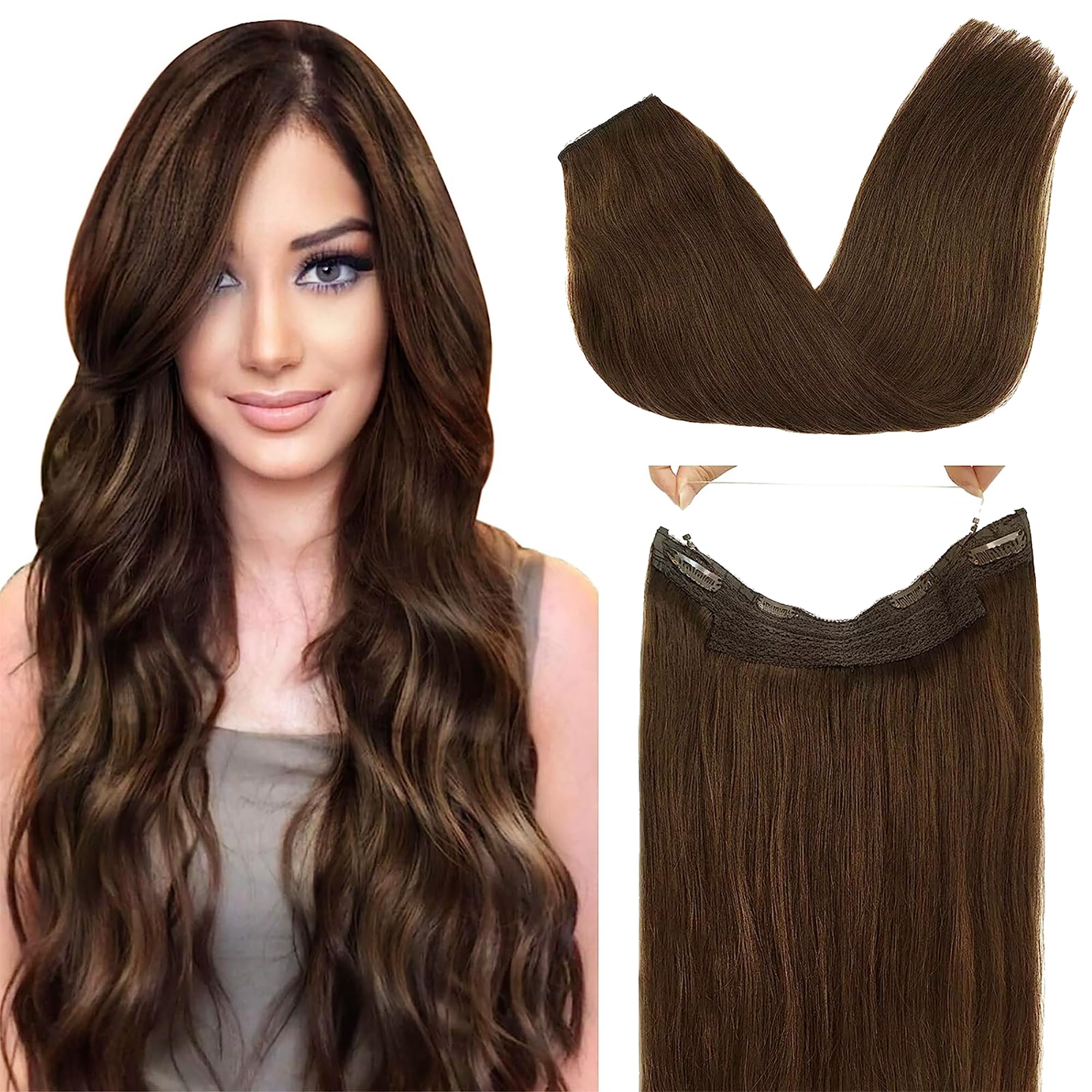 GOO GOO 20Inch 110g 4A Chocolate Brown Human Hair Extensions with Invisible Wire - Seamless Transparent Fish Line Hairpiece for Natural Look - Perfect for Parties, Weddings & Daily Styling