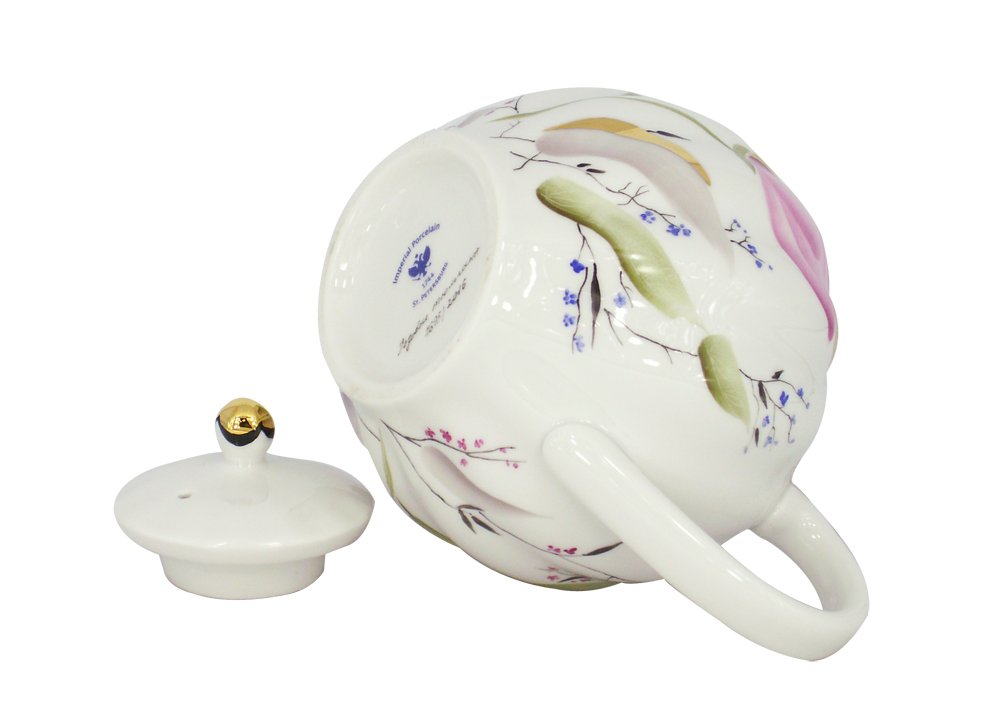 Lomonosov Porcelain Teapot with Pink Tulip Design - 3 Cup (20 oz / 600 ml) Capacity - Elegant Russian Tea Set for Afternoon Tea, Gifts & Home Decor
