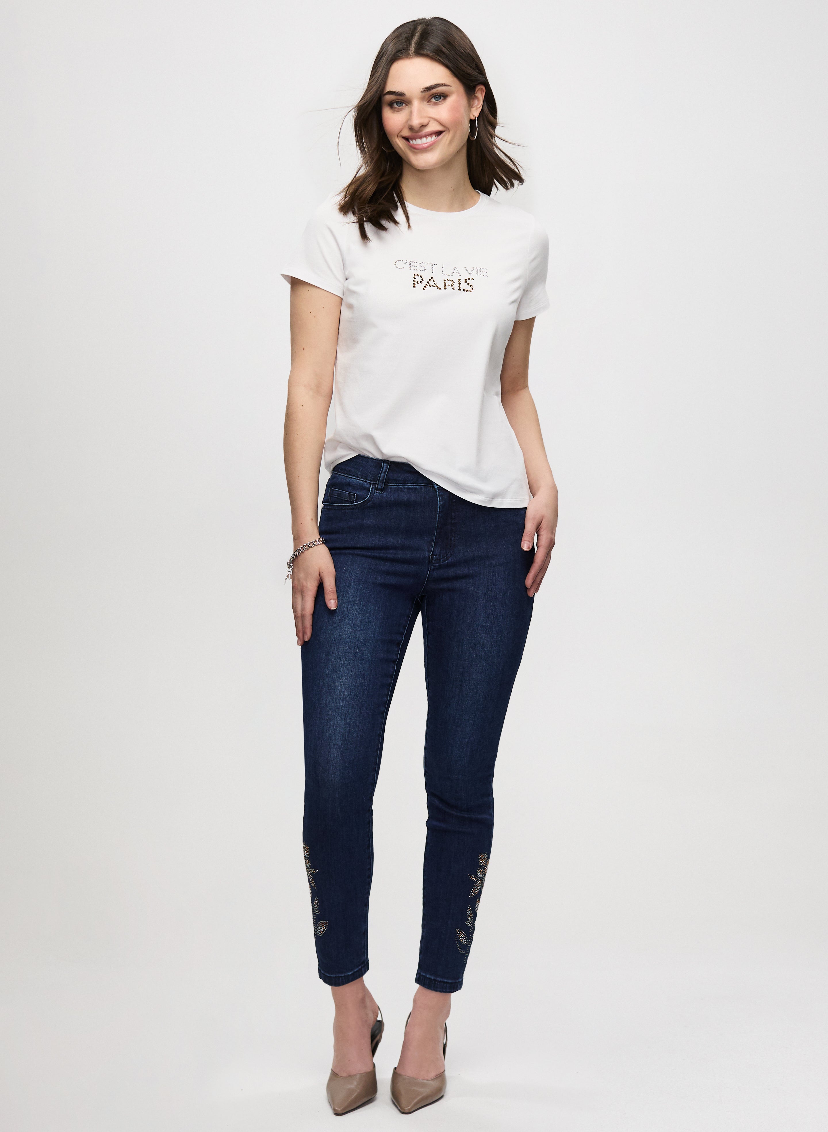 Trendy Embellished Slogan T-Shirt for Women - Fashion Graphic Tee with Rhinestone & Lettering Designs - Perfect for Casual Outfits, Streetwear & Everyday Wear