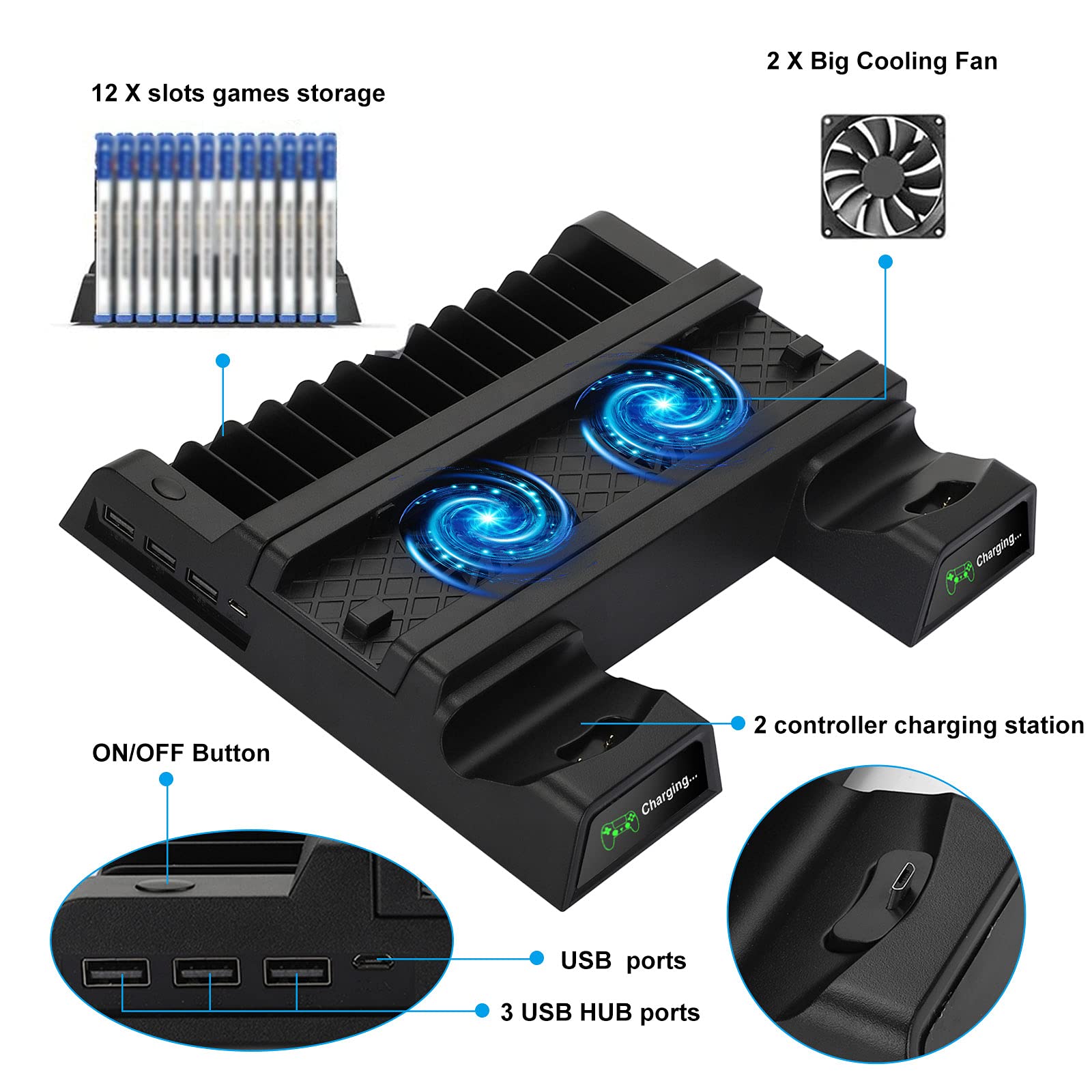 EEEKit PS4 Cooling Fan with Vertical Stand, 2 Controller Charging Stations & 12 Game Storage - Compatible with PlayStation PS4, PS4 Slim, PS4 Pro - Perfect for Gaming Sessions & Console Protection