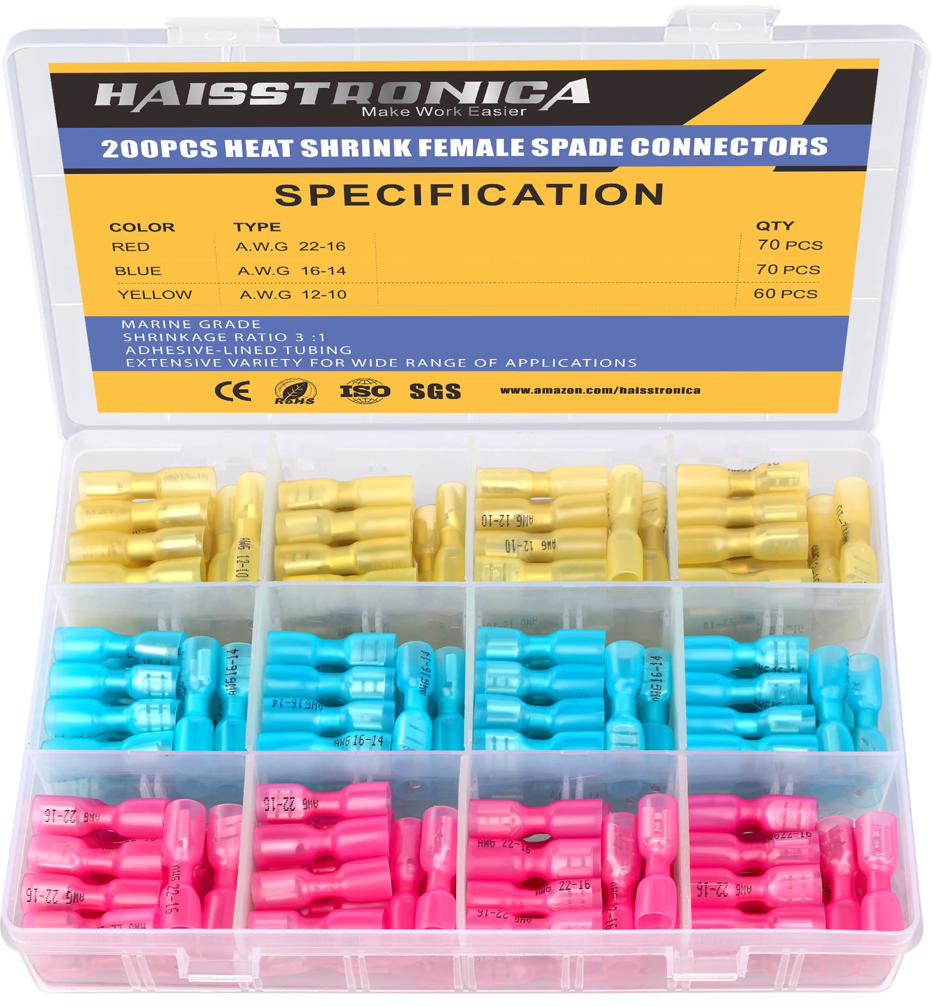 Haisstronica 200PCS Heat Shrink Female Spade Connectors - 22-10 Gauge Electrical Wire Terminals, Quick Disconnect Insulated Spade Connectors for Automotive, Marine, and DIY Electrical Projects