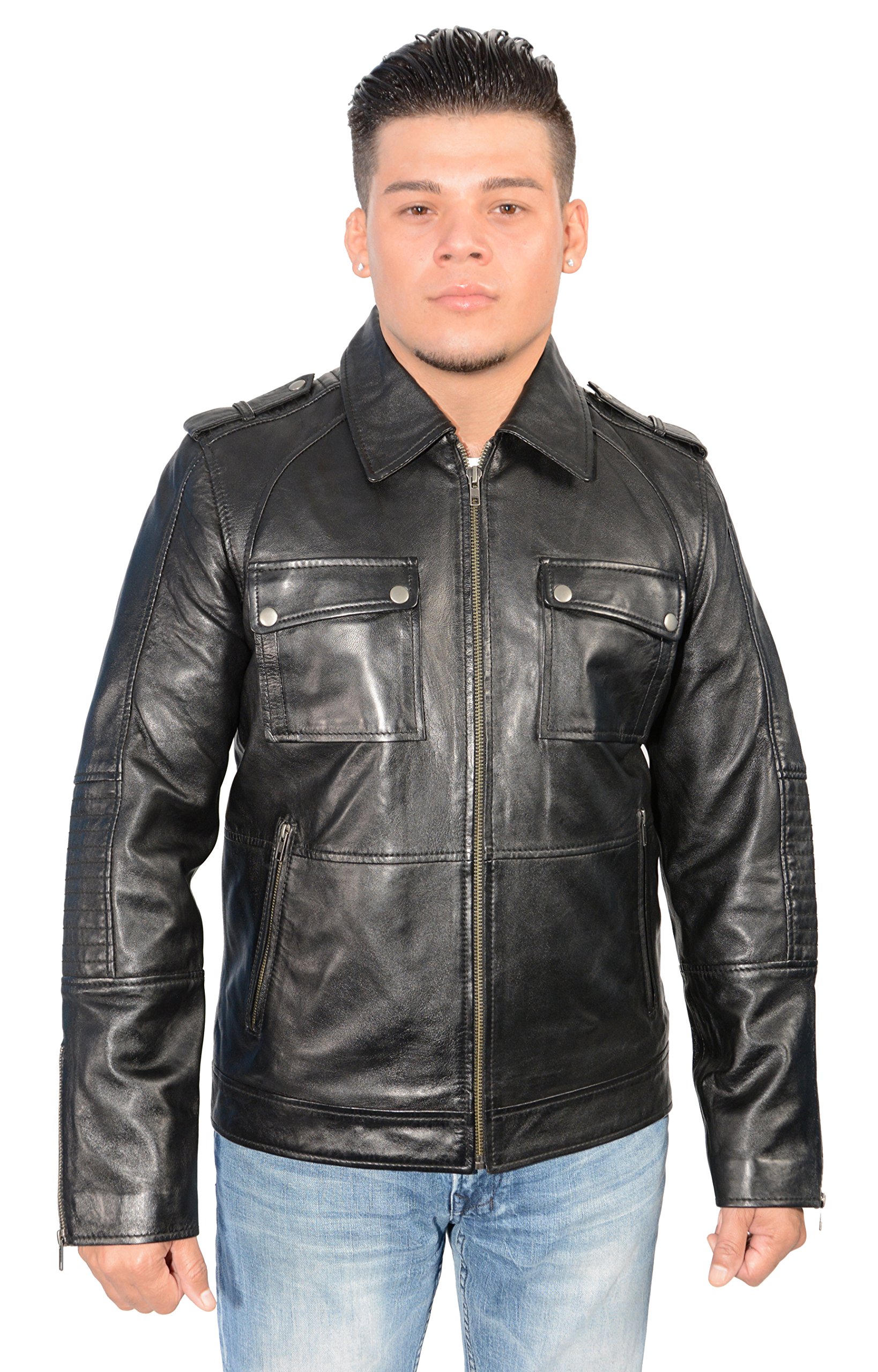 Men's Black Leather Patch Pocket Jacket with Shirt Collar & Padded Elbows | Stylish Biker Jacket for Motorcycle Riding, Casual Outfits & Outdoor Adventures