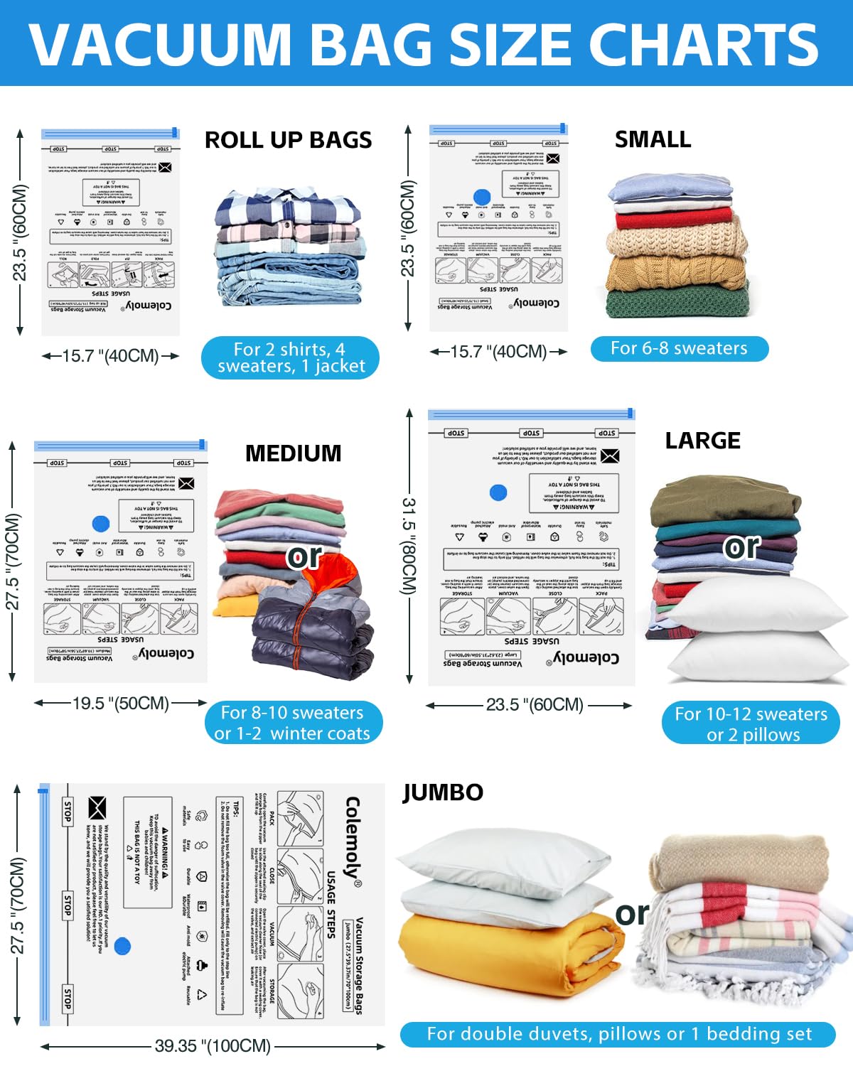 Colemoly 18 Pack Vacuum Storage Bags - Space Saver Bags for Clothes, Blankets, Pillows | 5 Jumbo, 5 Large, 4 Medium, 4 Sizes | Travel, Moving & Home Organization | Compact Storage Solution for Seasonal Clothes, Bedding & Travel Essentials