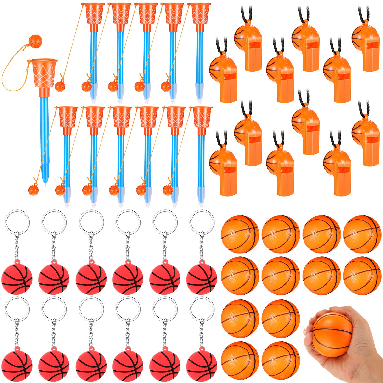 48 Packs Basketball Party Favors - Mini Basketball Pens, Stress Balls, Keychains & Whistles - Fun School Carnival Prizes, Valentines Gift Fillers & Party Bag Stuffers - Perfect for Sports Themed Events, Classroom Rewards & Birthday Party Giveaways
