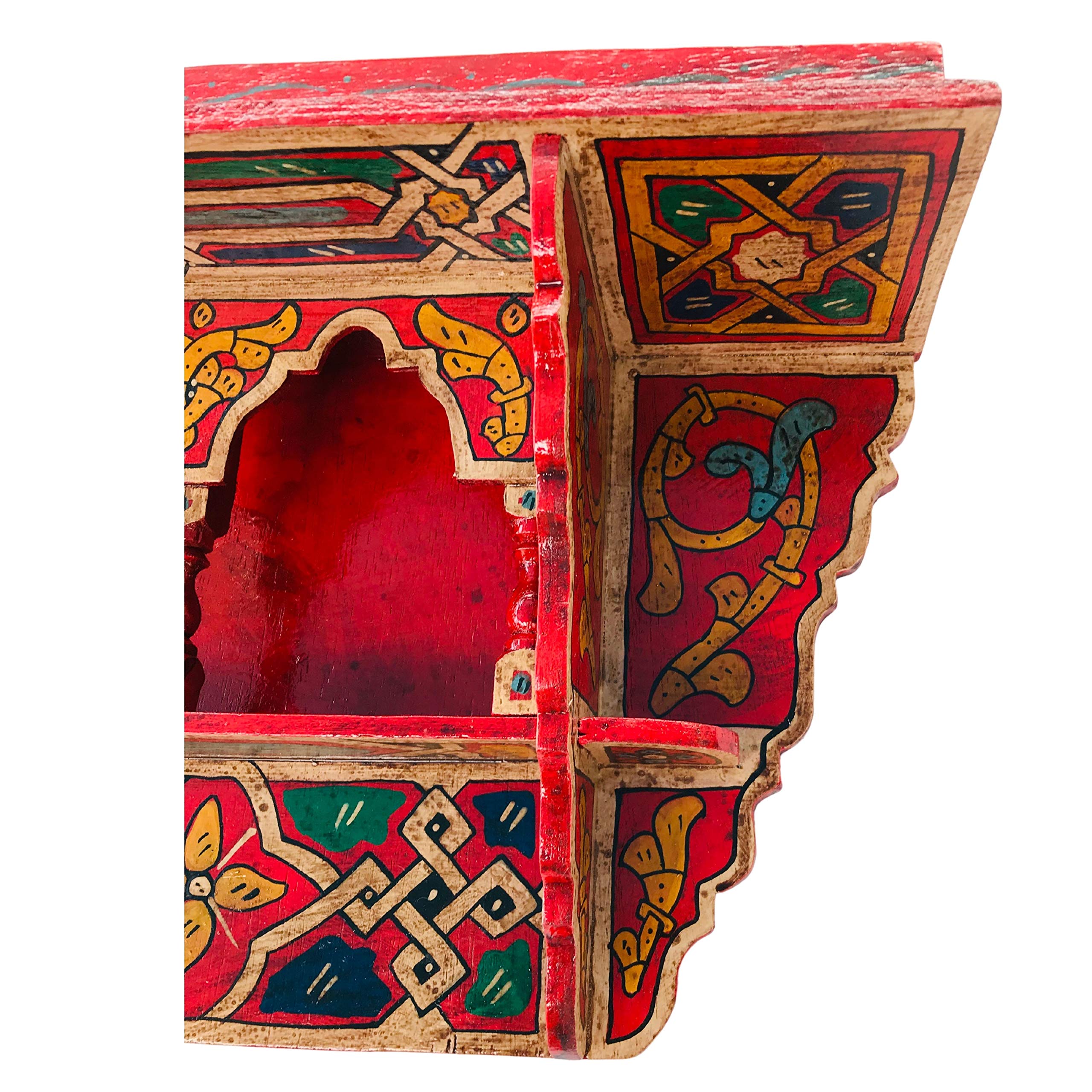 HibArt Moroccan Wooden Floating Shelves - Hand Painted Zouak Style Arabic Hanging Wall Shelf (Medium, Red Brick) for Living Room, Bedroom & Bathroom Decor