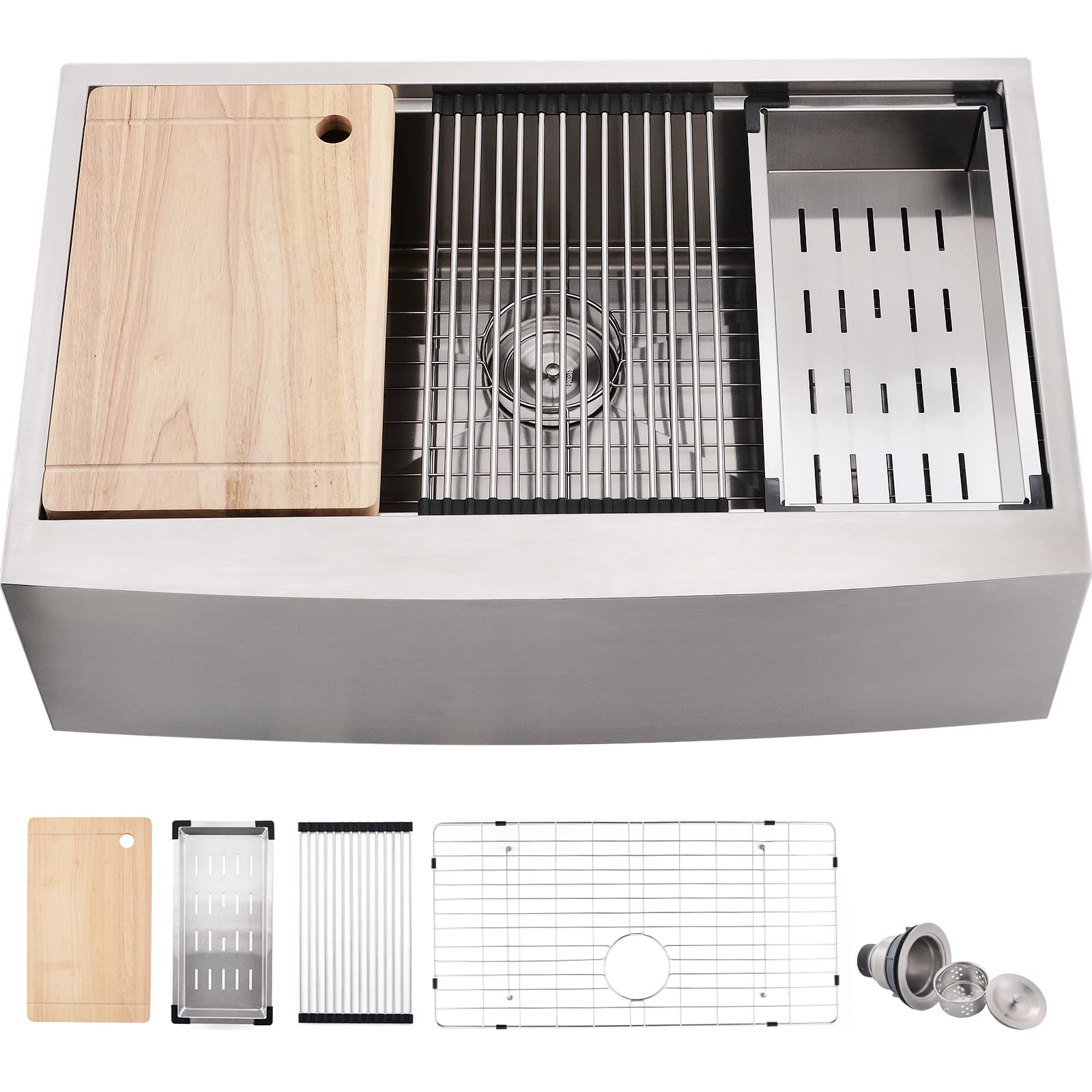 33 Inch Farmhouse Sink - 16 Gauge Stainless Steel Apron Front Kitchen Sink with Workstation Ledge, Deep Single Bowl & Accessories | Perfect for Rustic, Modern & Farmhouse Style Kitchens