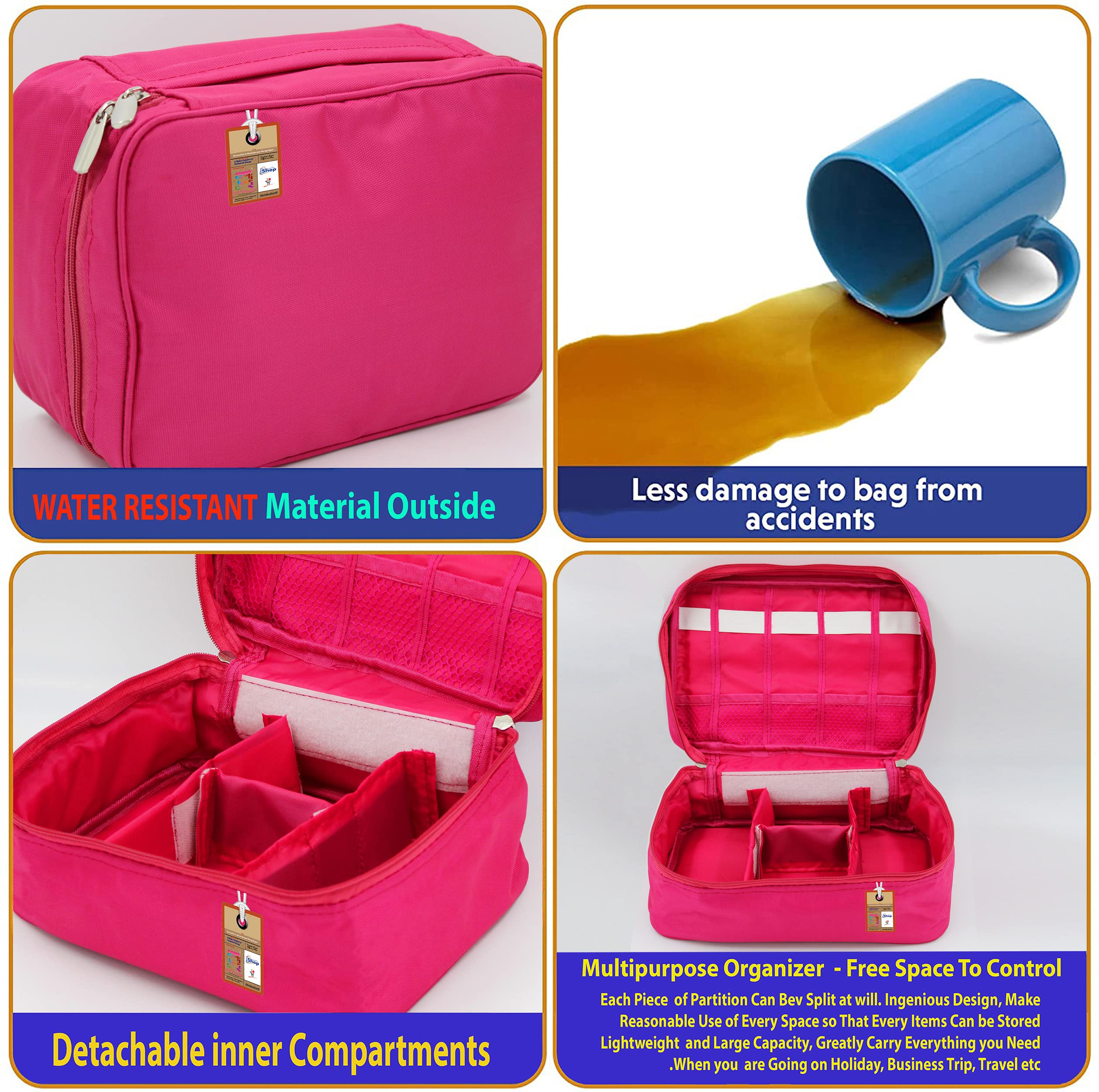 Waterproof Fabric Cosmetic Bag for Women - Adjustable Makeup Pouch & Jewelry Organizer, Travel Vanity Case with Multiple Compartments, Pink Grooming Storage Box for Home, Office and Vacation Use