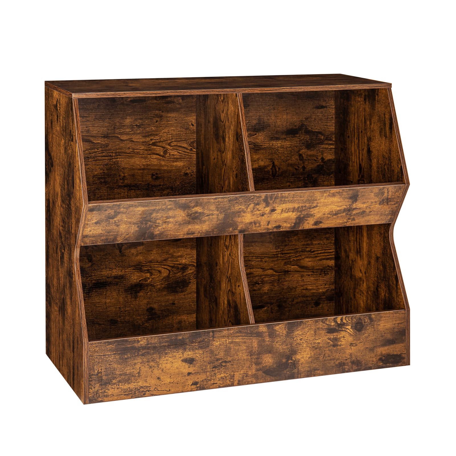 DINZI LVJ Wooden Kids Bookshelf & Toy Storage Organizer - 4 Cubby Children's Bookcase with Toy Storage Cabinet - Rustic Brown 35.4