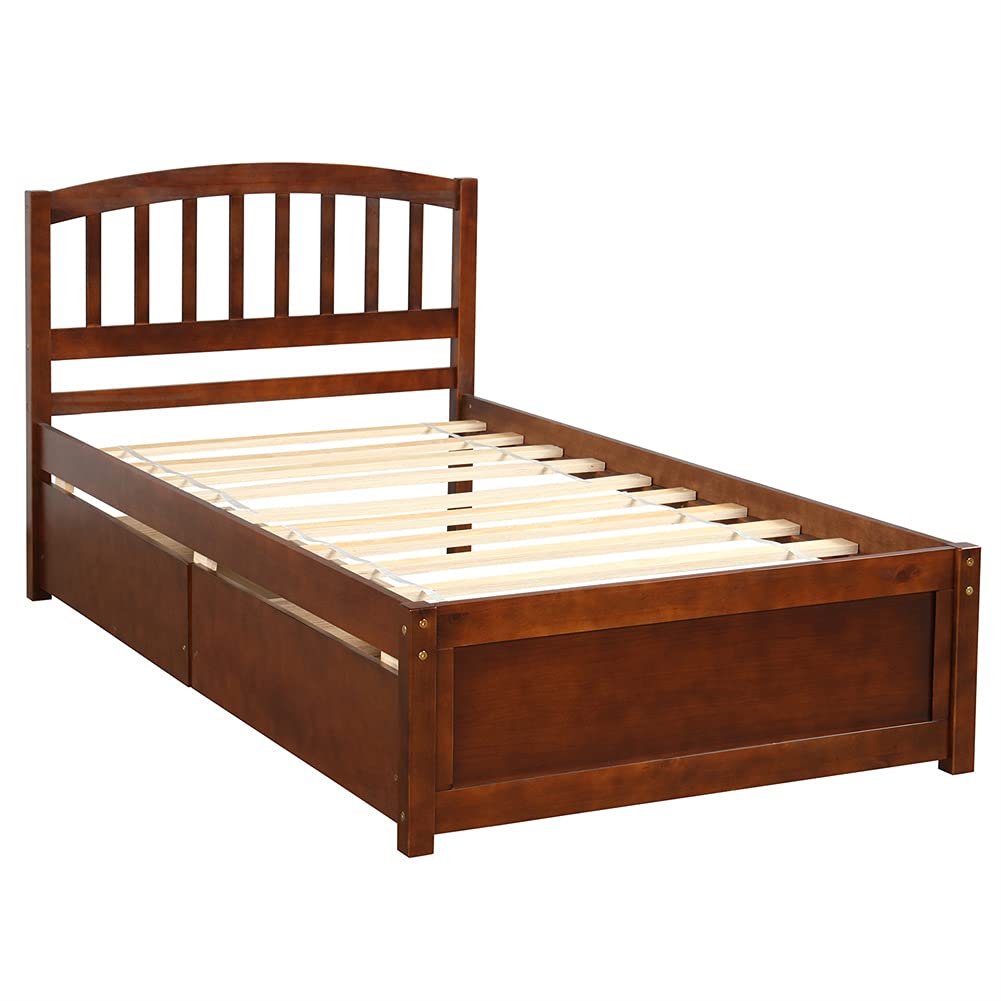 Twin Size Wood Platform Bed with Storage Drawers & Headboard - Easy Assembly Walnut Finish for Small Spaces & Guest Rooms