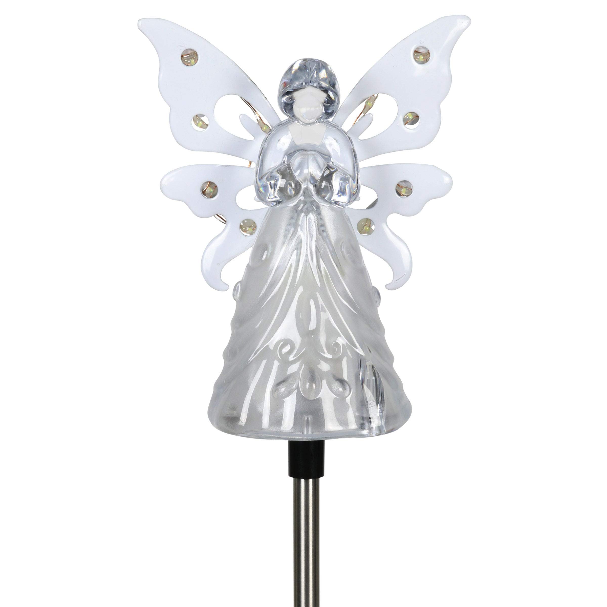 UKN Solar-Powered Acrylic Angel Statue with Wings & 12 LED Lights - 34 Inch White Plastic Garden Stake for Outdoor Decoration, Yard Ornaments, Patio & Lawn Decor