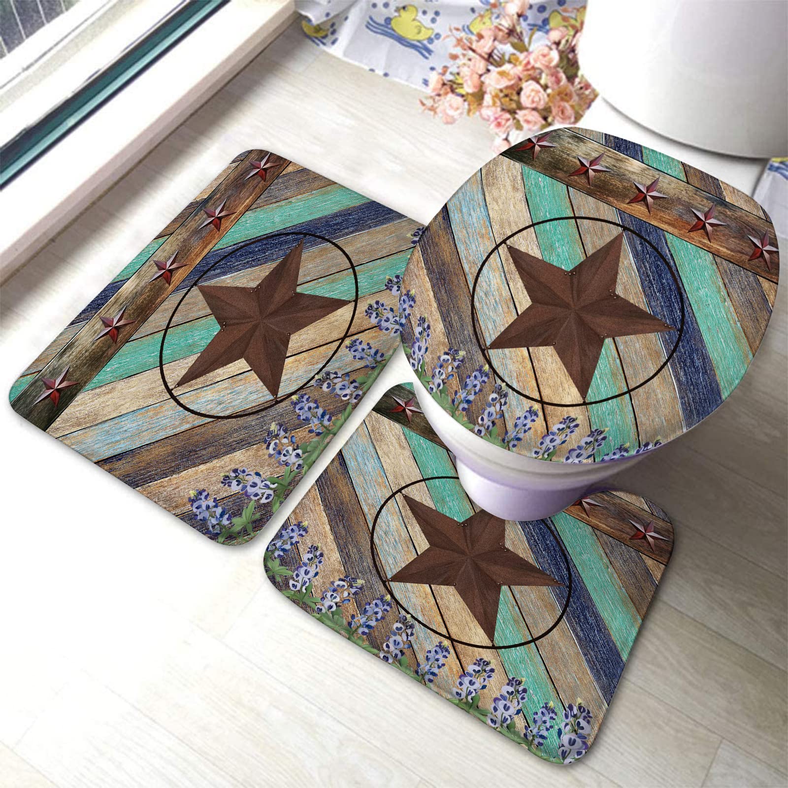 3-Piece Non-Slip Bathroom Rug Set - Texas Star Bluebonnet Wildflower Western Decor, Absorbent Bath Mats for Bathroom Floor (Brown) | Perfect for Farmhouse, Rustic & Country Style Home Decor