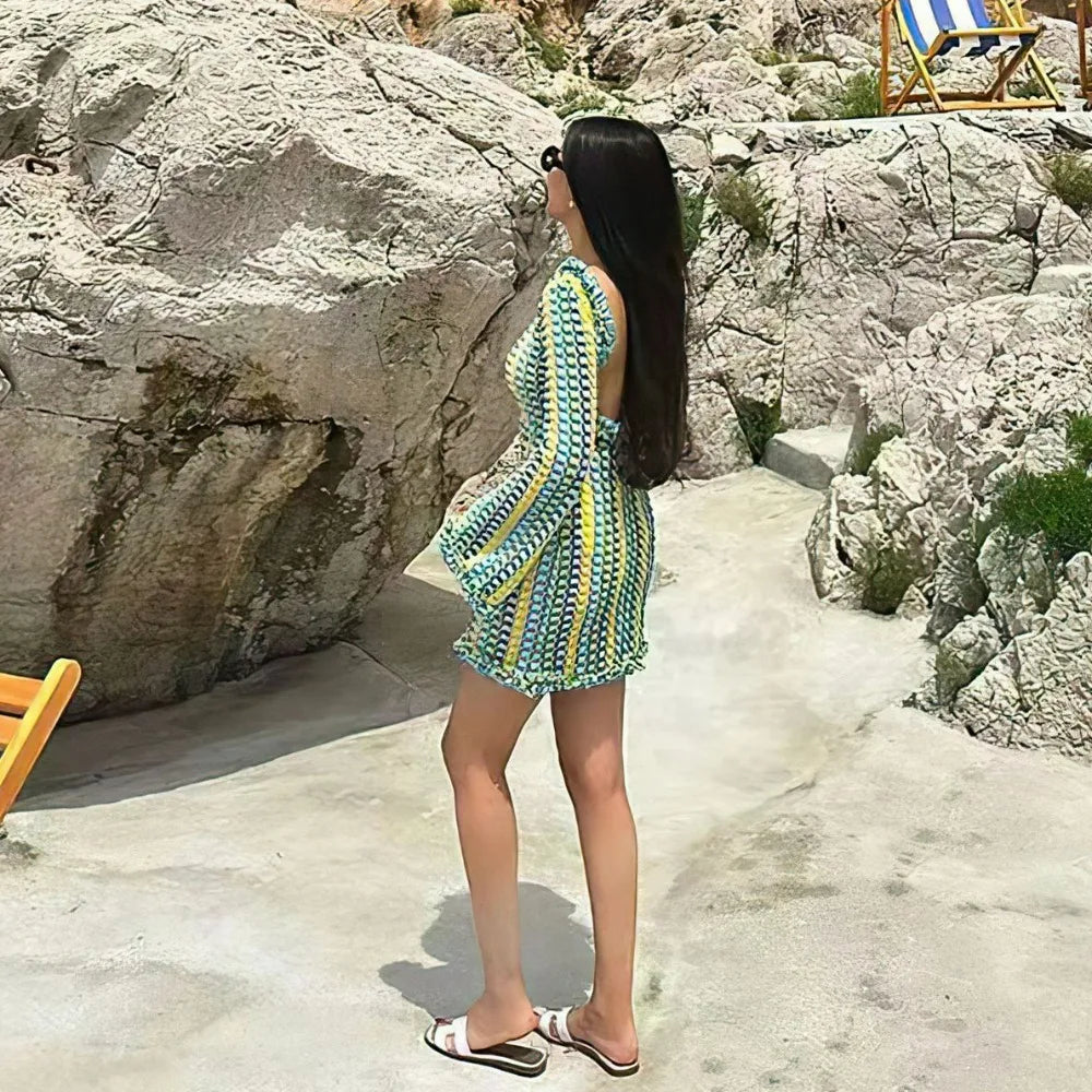 Women's Backless Knitted Beach Dress - Hollow Out Mini Boho Cover Up Dress with Long Sleeves for Summer | Elegant & Colorful Bikini Cover Up | Perfect for Beach Vacations, Pool Parties & Tropical Getaways 2024