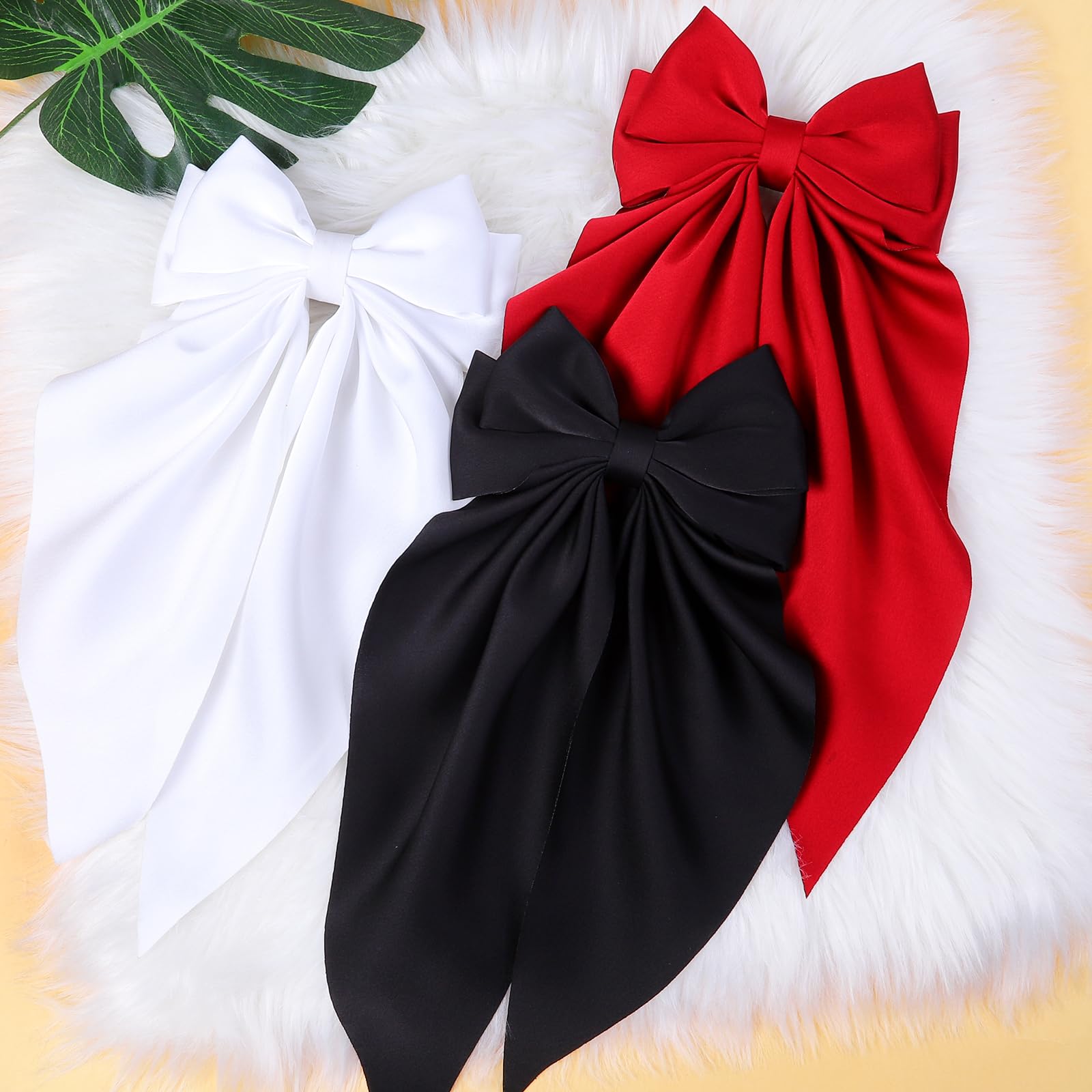 3PCS Large Silky Satin Hair Bows & Clips with Long Tails - Elegant Metal Barrettes for Women & Girls (Black/White/Red) | Perfect for Weddings, Parties & Everyday Hair Styling