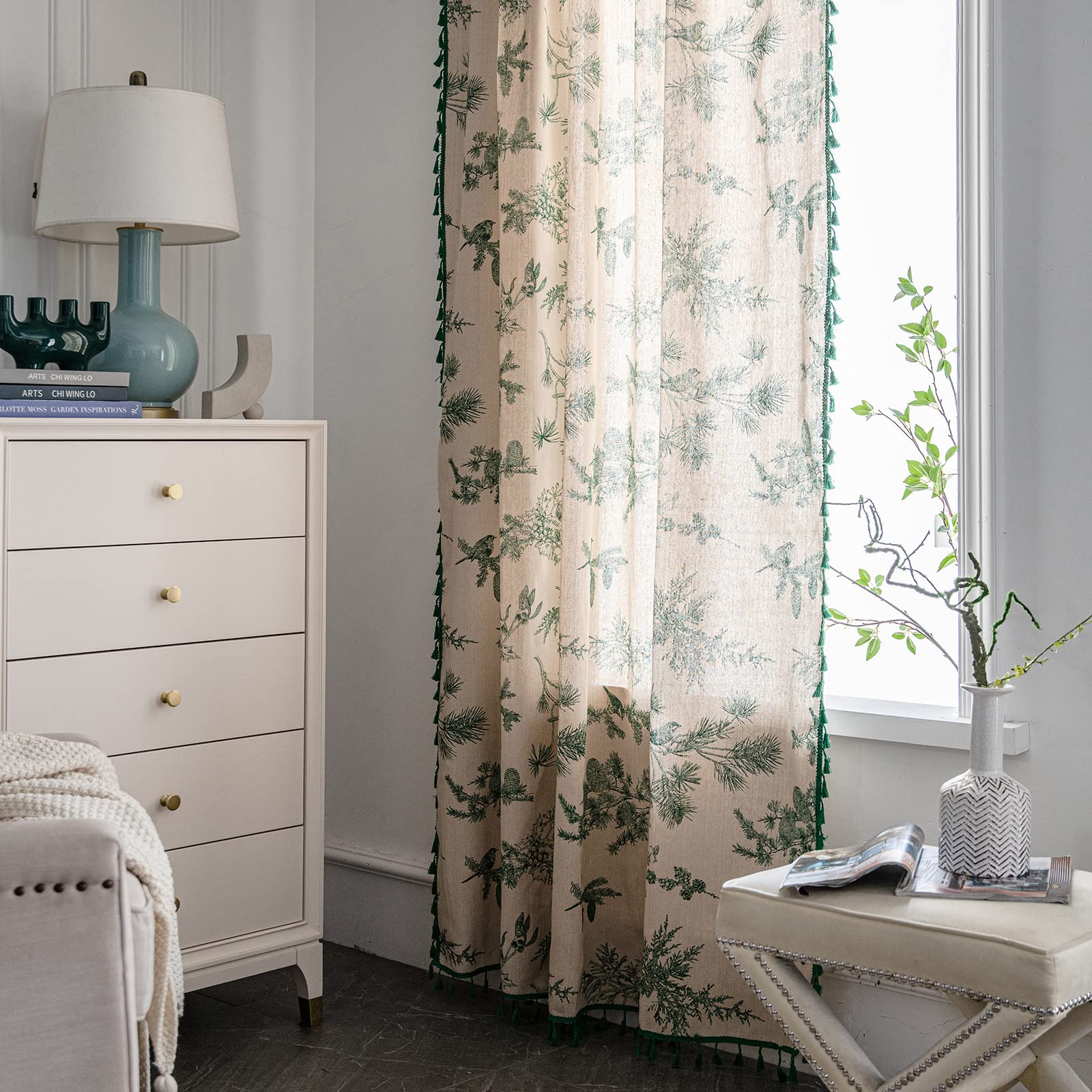 Bohemian Floral Semi-Sheer Cotton Linen Curtains 96 Inch Length - Farmhouse Style with Tassel Trim, Green Botanical Print, Rod Pocket Room Darkening Drapes (2 Panels) for Living Room, Bedroom, Nursery & Boho Home Decor