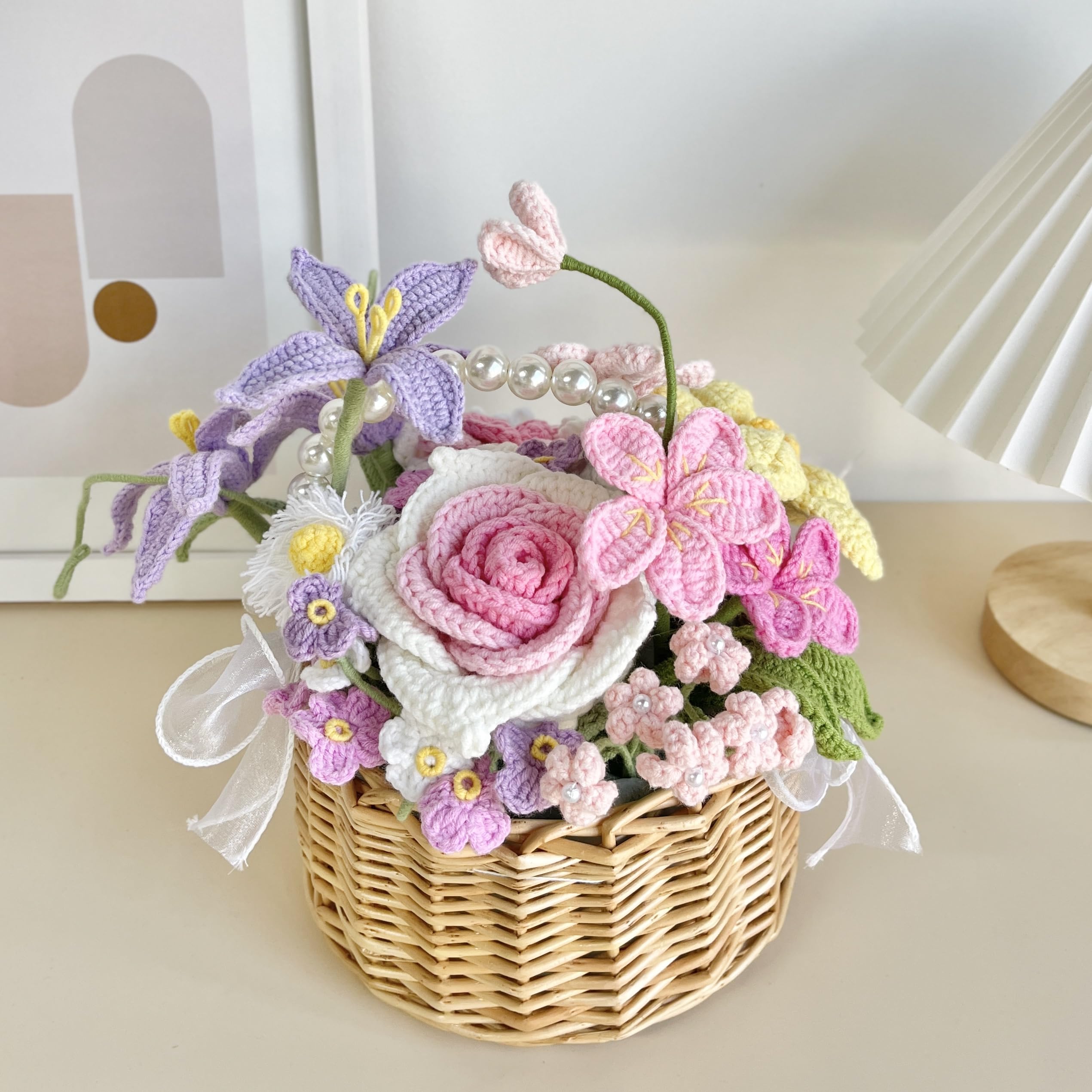 JOMODECOR Handmade Crochet Flower Basket - Artificial Potted Flowers with Forget-Me-Not, Daisy, Tulip & Rose - Perfect Gift for Girlfriend, Mom & Women - Home Office Desk & Bedroom Decor (Pink) - Ideal for Wedding Centerpieces, Baby Showers & Spring Home Decor