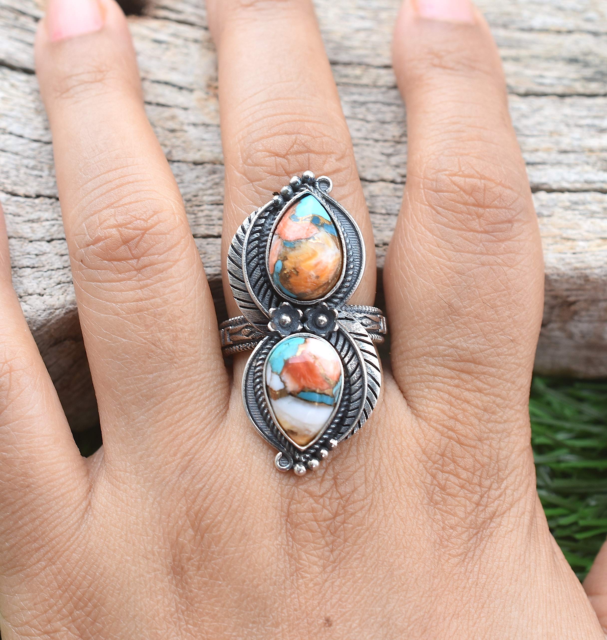 Vintage Handmade 925 Sterling Silver Oyster Copper Turquoise Ring - Boho Hippie Jewelry - Spiny Turquoise Birthstone Ring - Perfect Birthday Gift for Women - TQ-10 | Great for Festivals, Boho Fashion & Everyday Wear