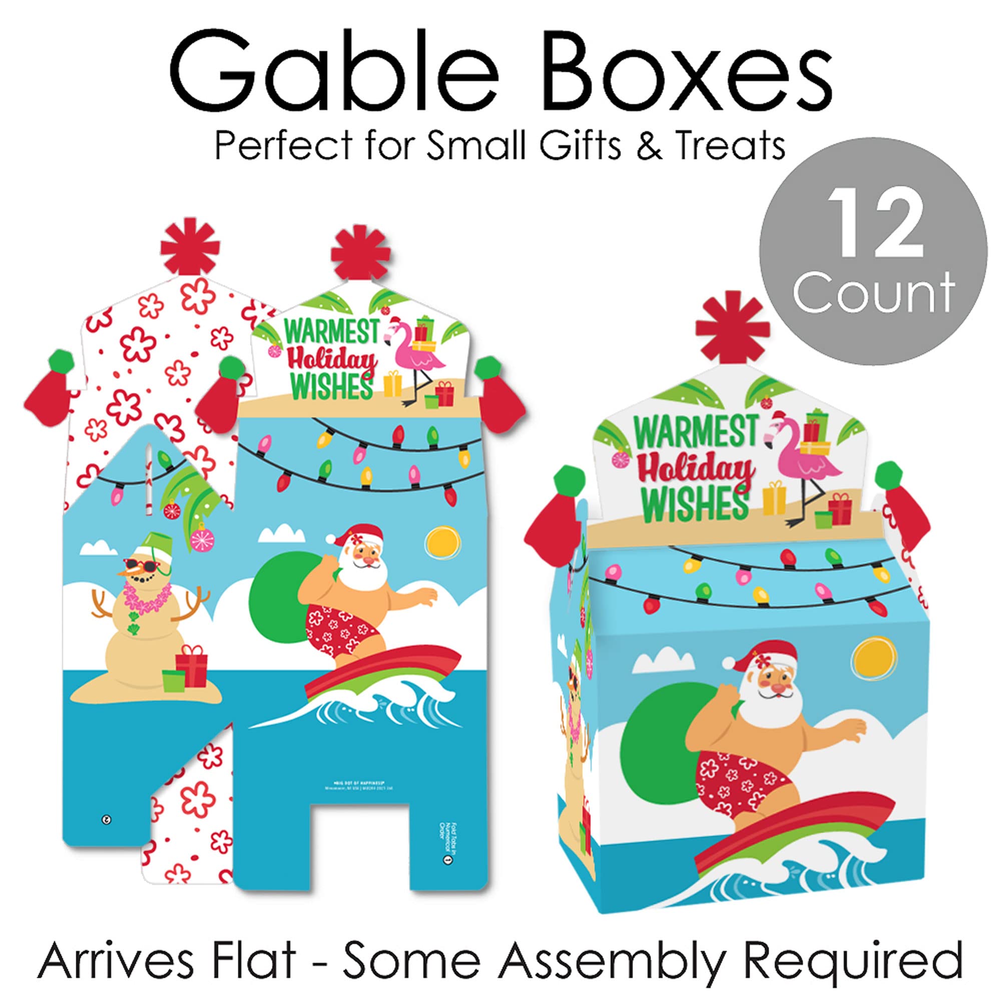 Tropical Christmas Treat Box Party Favors - Set of 12 Beach Santa Holiday Goodie Gable Boxes for Beach Themed Parties, Christmas Celebrations & Holiday Gift Giving