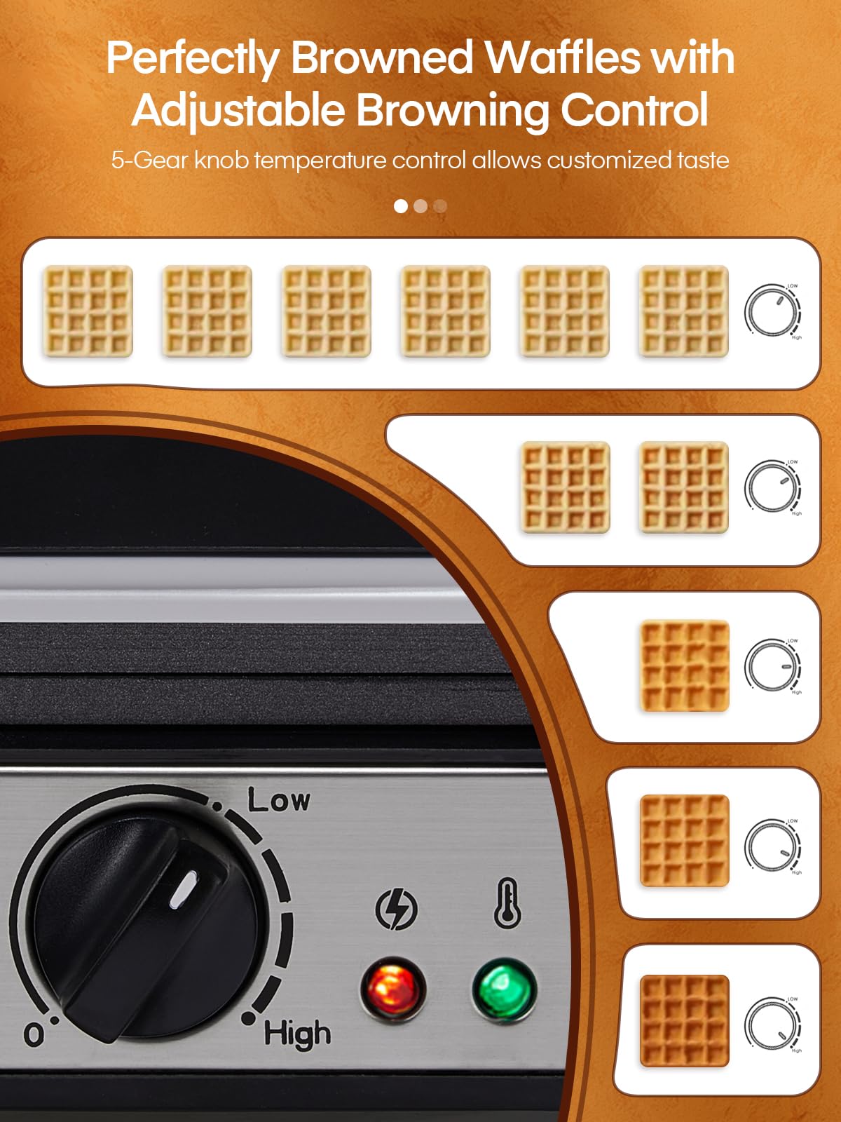 FOHERE 4-Slice Belgian Waffle Maker - 1200W Square Waffle Iron with 5 Browning Levels, Nonstick Plates & Cool-Touch Handle - Perfect for Breakfast, Brunch & Family Gatherings - Anti-Scald & Anti-Overflow Design with Indicator Lights - Includes Recipe Book (White, Large)