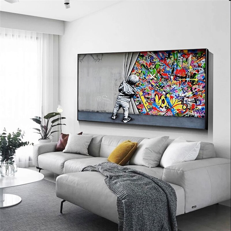 Banksy Boy Behind The Curtain Canvas Wall Art Print - Street Art Home Decor for Living Room, Bedroom & Office