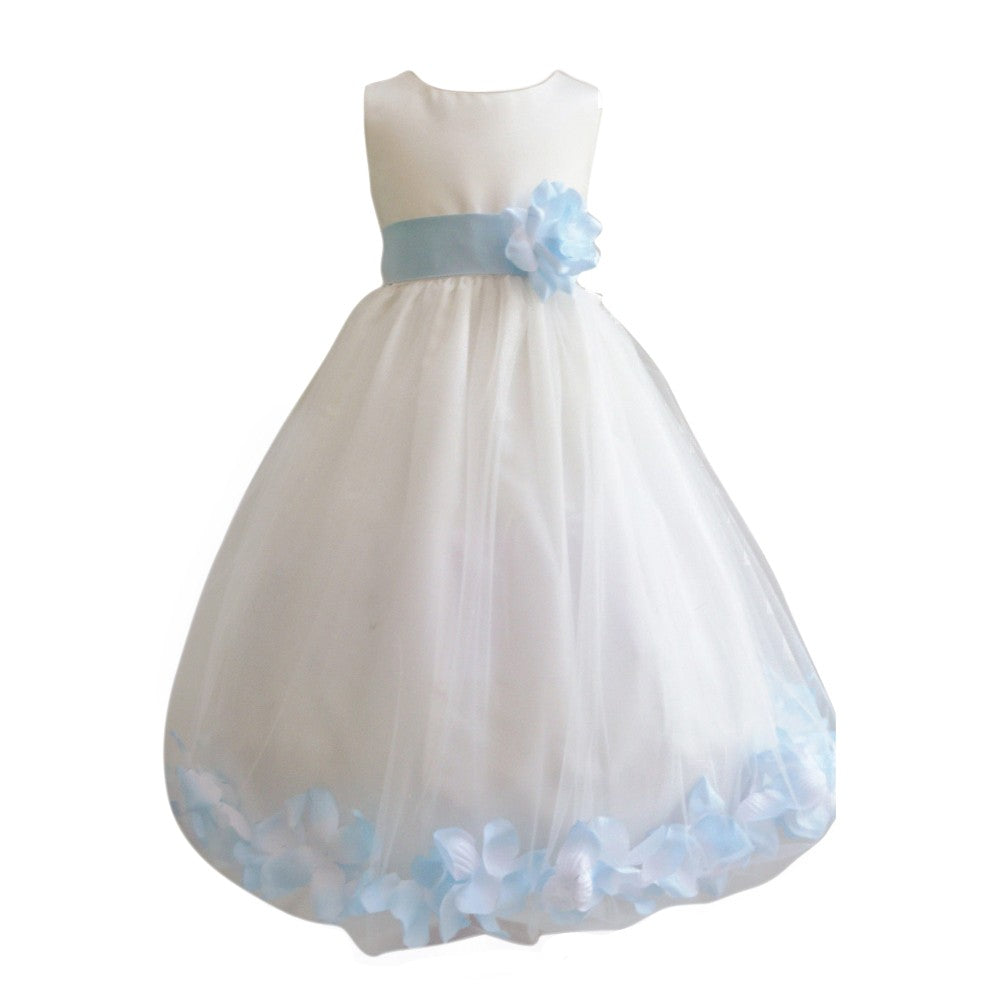 Big Girls Ivory & Baby Blue Satin Tulle Flower Girl Dress with 3-Layer Petal Skirt - Sizes 8-14 for Weddings, Baptisms & Special Occasions