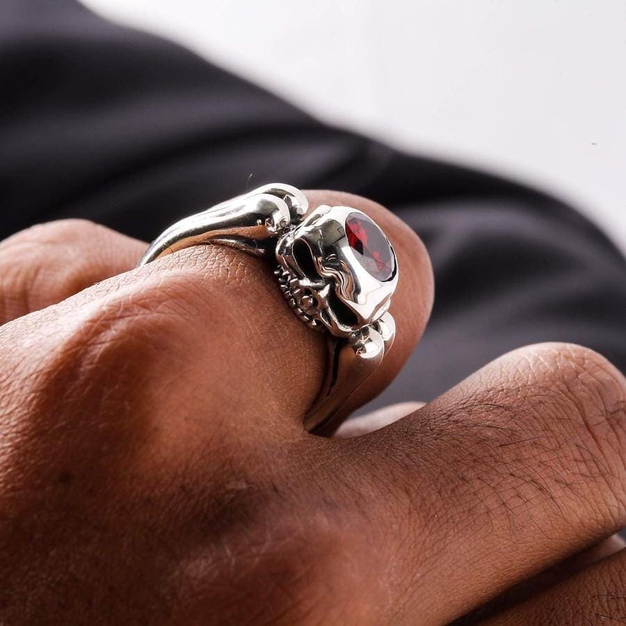 Gothic Garnet Skull Bone Sterling Silver Wedding Ring for Men & Women - Dark Elegant Jewelry for Gothic Weddings, Halloween, Punk Fashion & Alternative Style