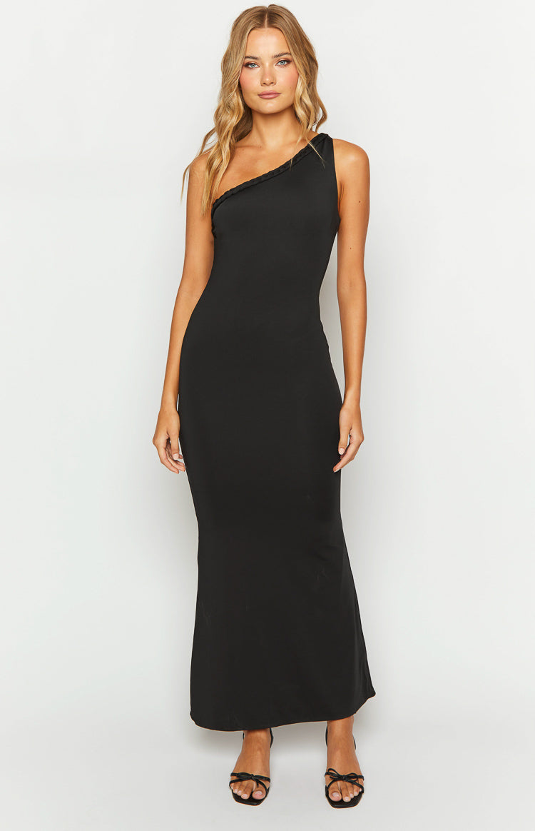 Elegant Alina Black One Shoulder Maxi Dress for Women - Perfect for Evening Parties, Weddings & Special Occasions