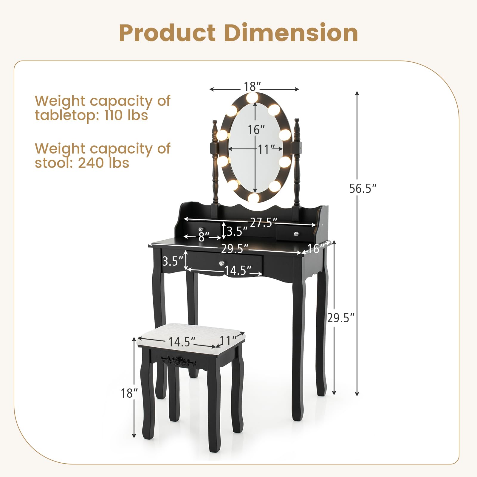 Charmaid Girls Makeup Vanity Desk with LED Lights - Adjustable Brightness & 3 Lighting Modes - Modern Vanity Table with Lighted Mirror, 3 Drawers & Stool - Perfect for Small Spaces & Bedroom Decor (Black)
