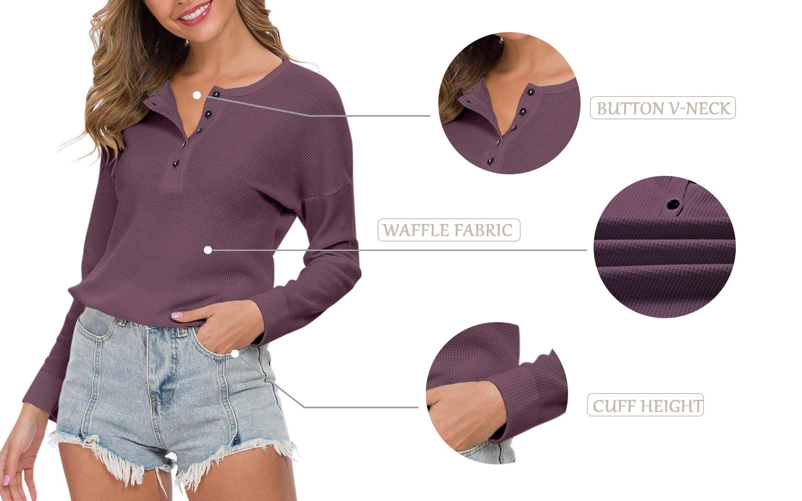 MOLERANI Women's Waffle Knit Tunic Top - Long Sleeve Loose Fit Button Up V-Neck Henley Shirt for Casual Wear, Office & Fall Outfits