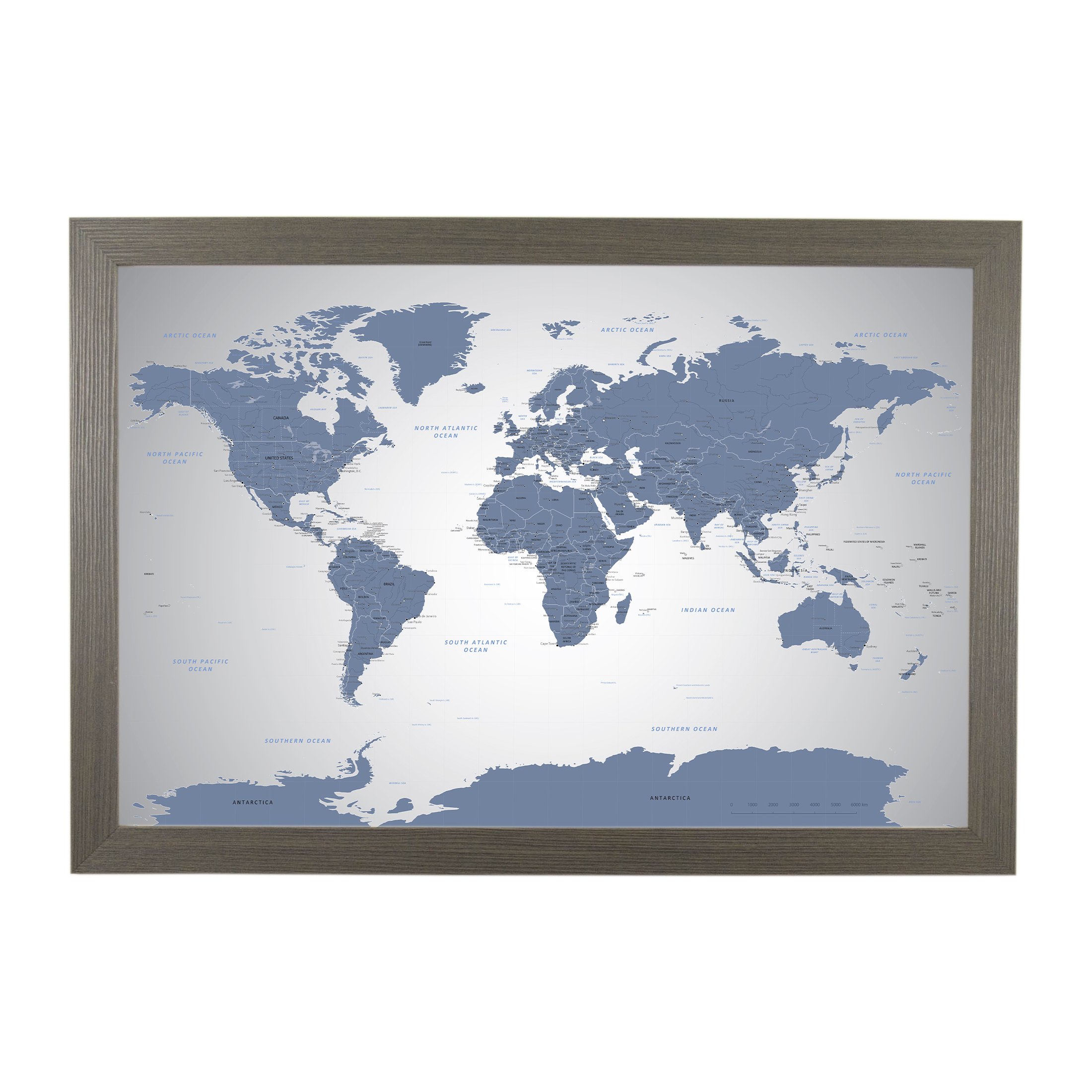 Custom Push Pin Travel Map - Blue Ice World Design on Barnwood Gray Frame | 27.5x39.5 Inch Wall Art with 150 Pins | Handmade in USA | Perfect for Travel Lovers, Home Office Decor & Gift Ideas