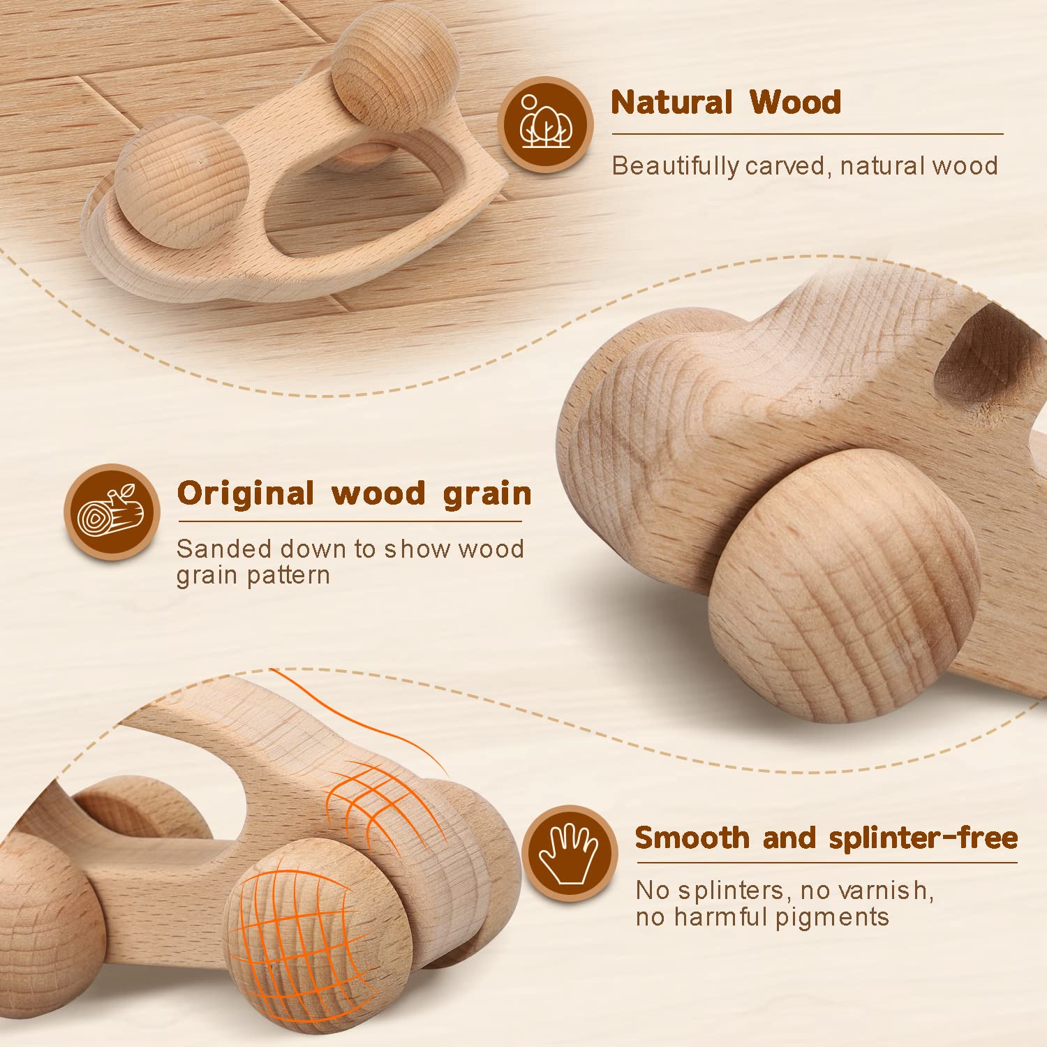 Montessori Wooden Toy Cars for Babies 0-12 Months - Safe Rattle Toys for Toddlers 1-3 Years | Natural Wood Baby Boy Gift for Birthday, Christmas & Nursery Decor | Educational Early Learning & Sensory Play Toys