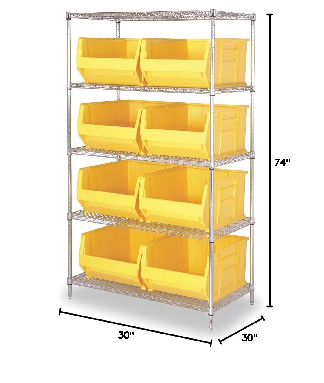 Quantum Storage Systems WR5-975YL 5-Tier Heavy Duty Wire Shelving Unit with 8 Yellow Hulk Bins - Chrome Finish, 30