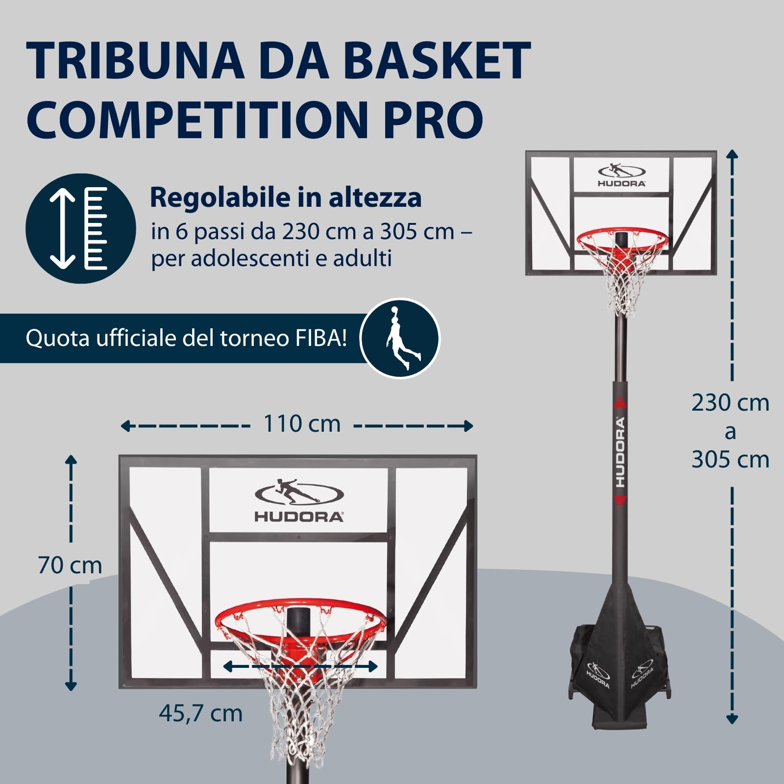 HUDORA Competition Pro Adjustable Height Basketball Hoop for Kids, Teens & Adults - Portable Outdoor Basketball Goal with Wheels - Perfect for Driveway, Backyard & Park Play