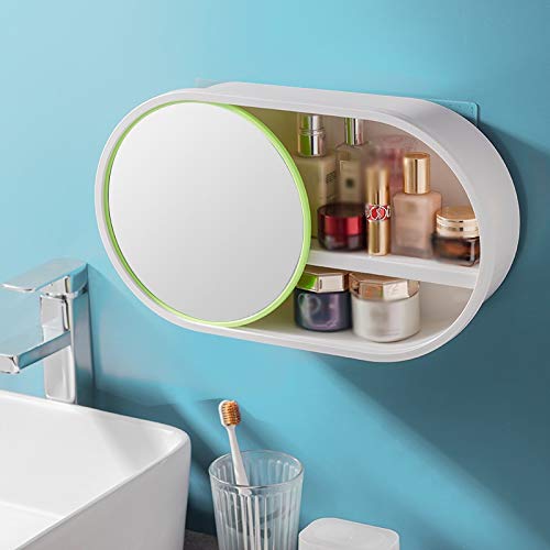 XJJZS PP Wall Mounted Makeup Organizer with Mirror - Waterproof Cosmetic Storage Box, No Drill Lipstick Holder (Color B) | Perfect for Bathroom, Bedroom & Vanity Organization