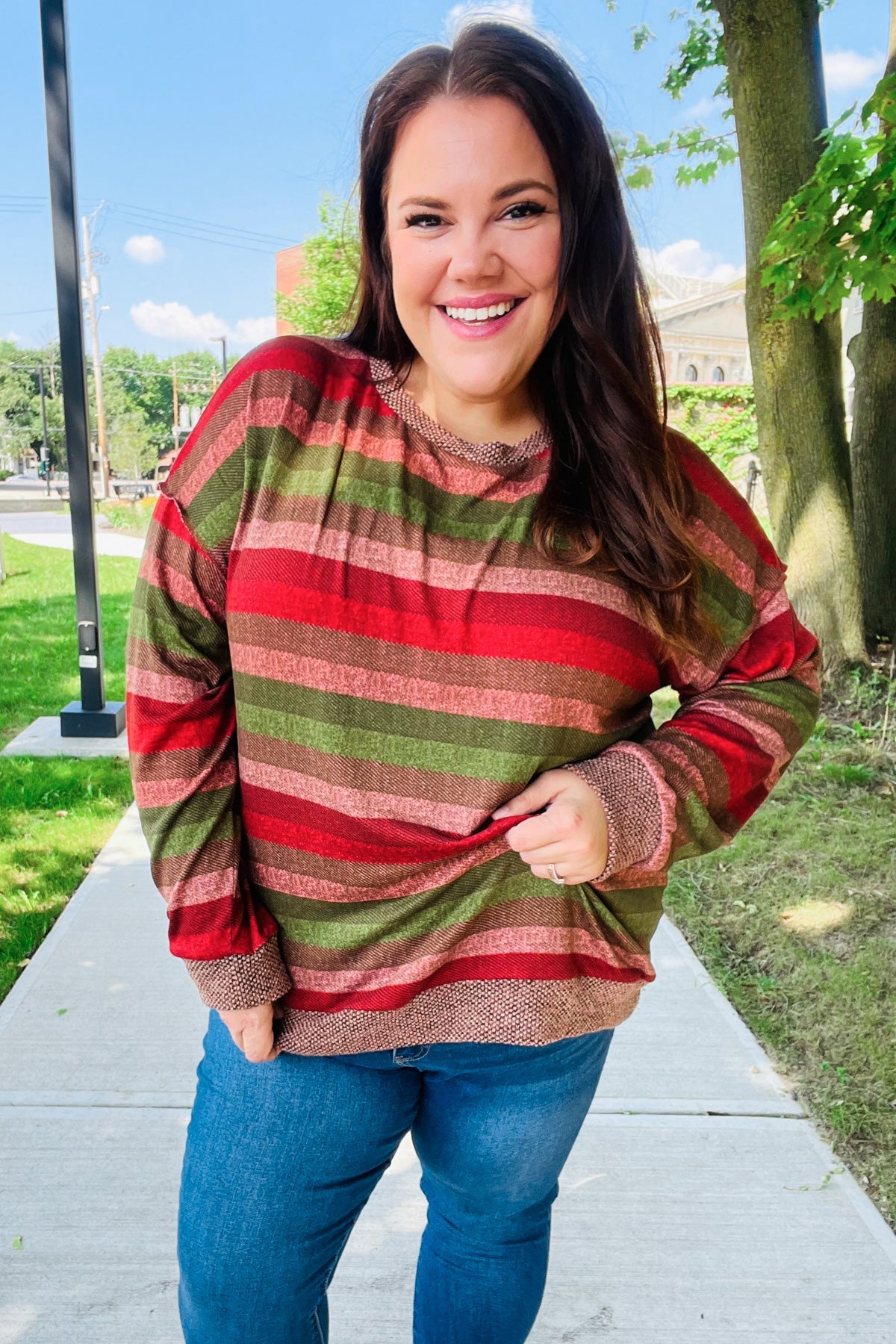 Stylish Olive & Mauve Striped Two-Tone Banded Sweater Top for Women | Casual Fall Fashion | Perfect for Office Wear & Weekend Outfits